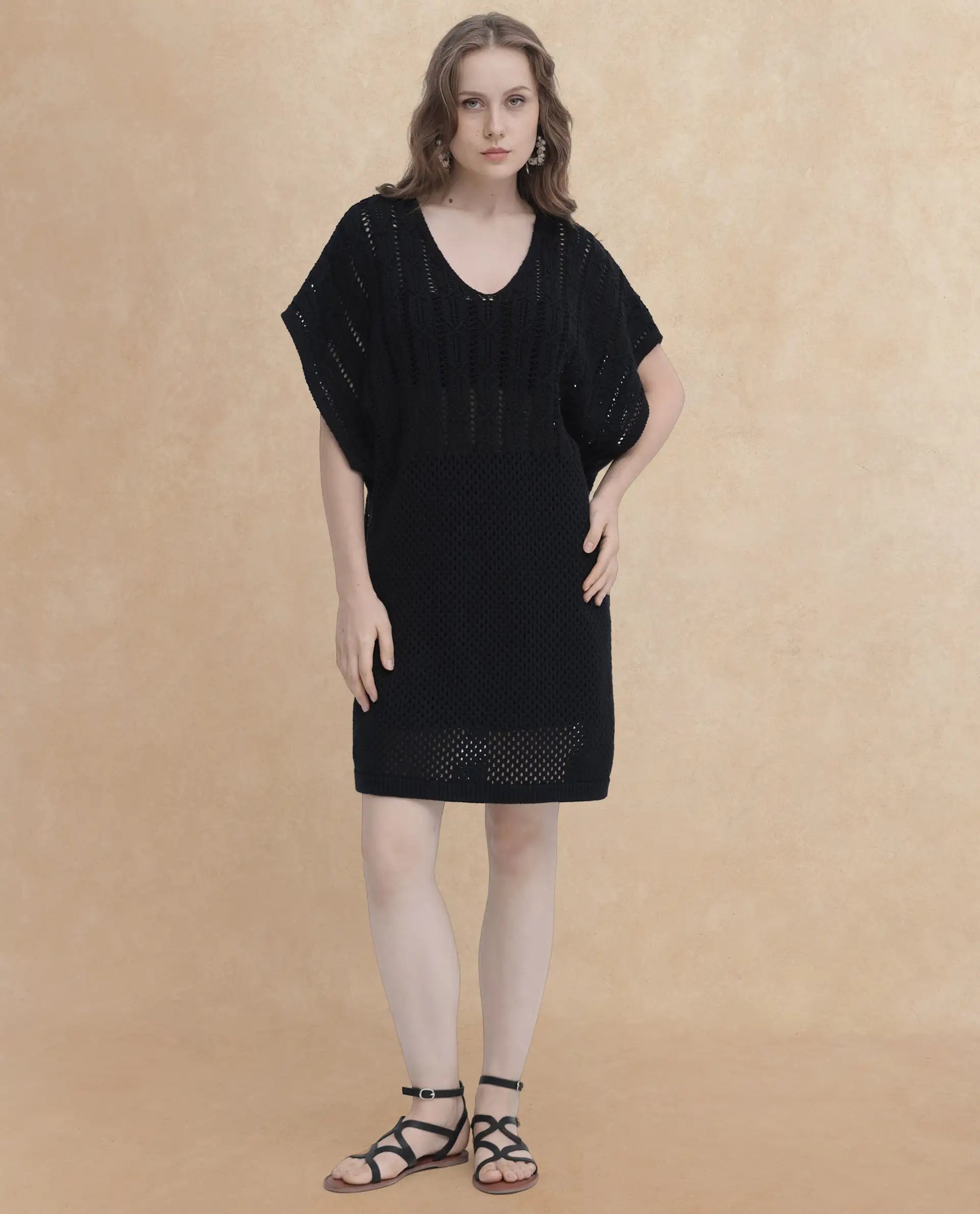 Rareism Women Espantiago Black Cotton Fabric Short Sleeves V-Neck Extended Sleeve Relaxed Fit Plain Knee Length Dress