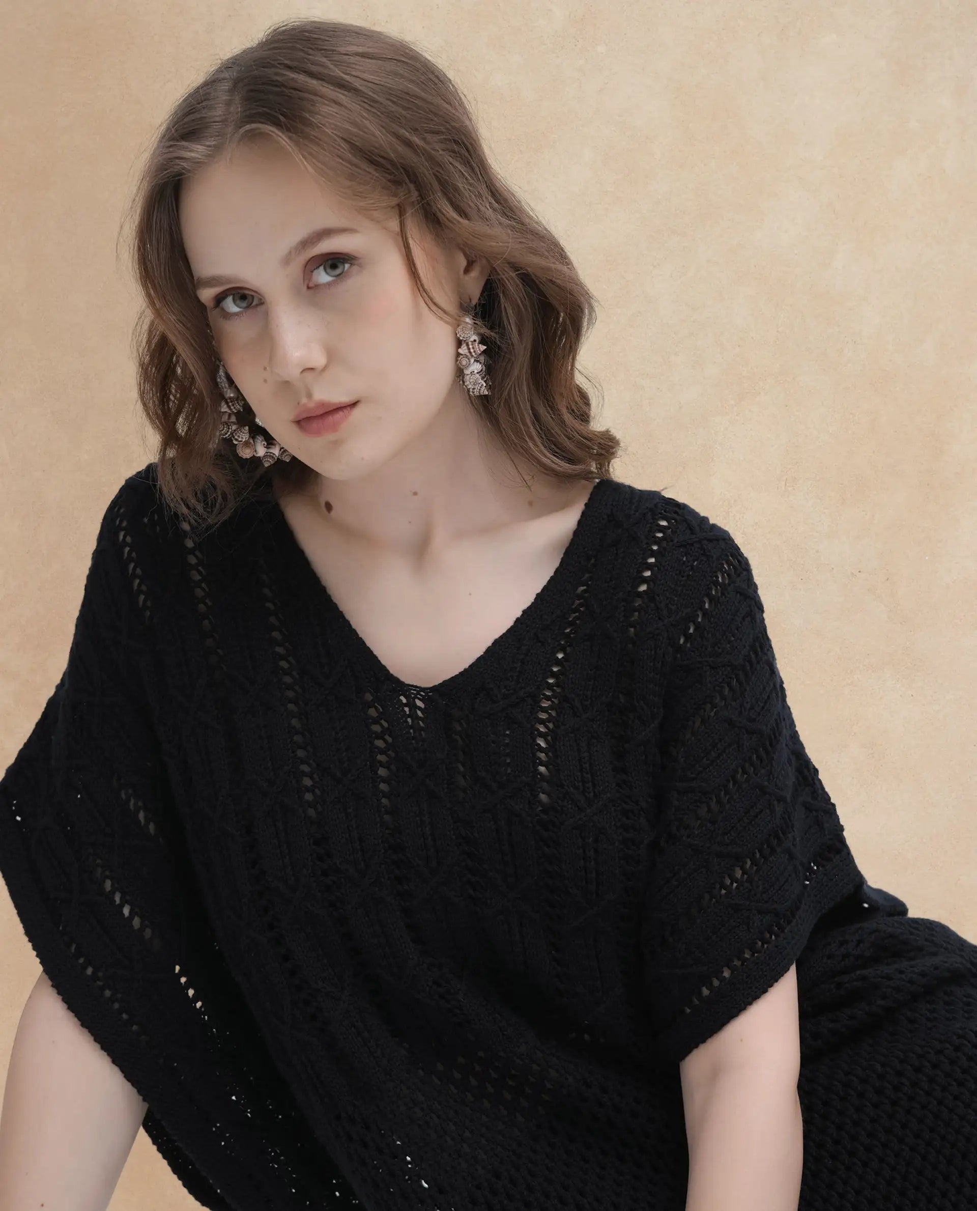 Rareism Women Espantiago Black Cotton Fabric Short Sleeves V-Neck Extended Sleeve Relaxed Fit Plain Knee Length Dress