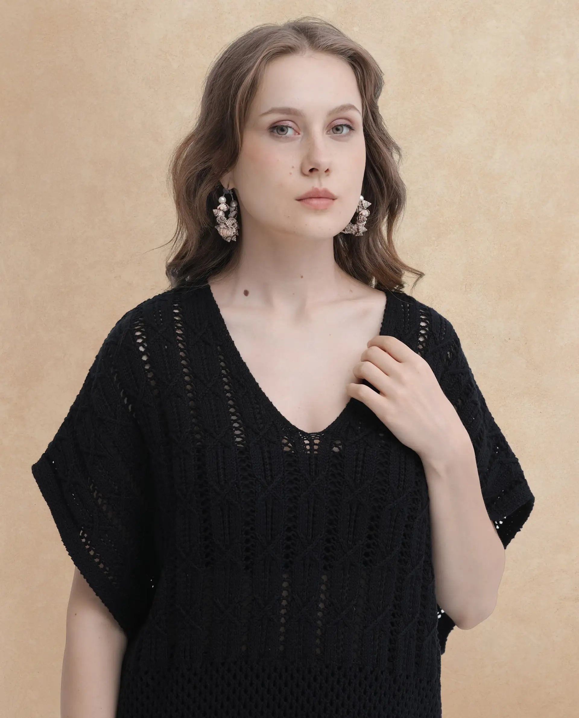 Rareism Women's Espantiago Black Cotton V-Neck Plain Extended Sleeves Knee Length Relaxed Fit Dress
