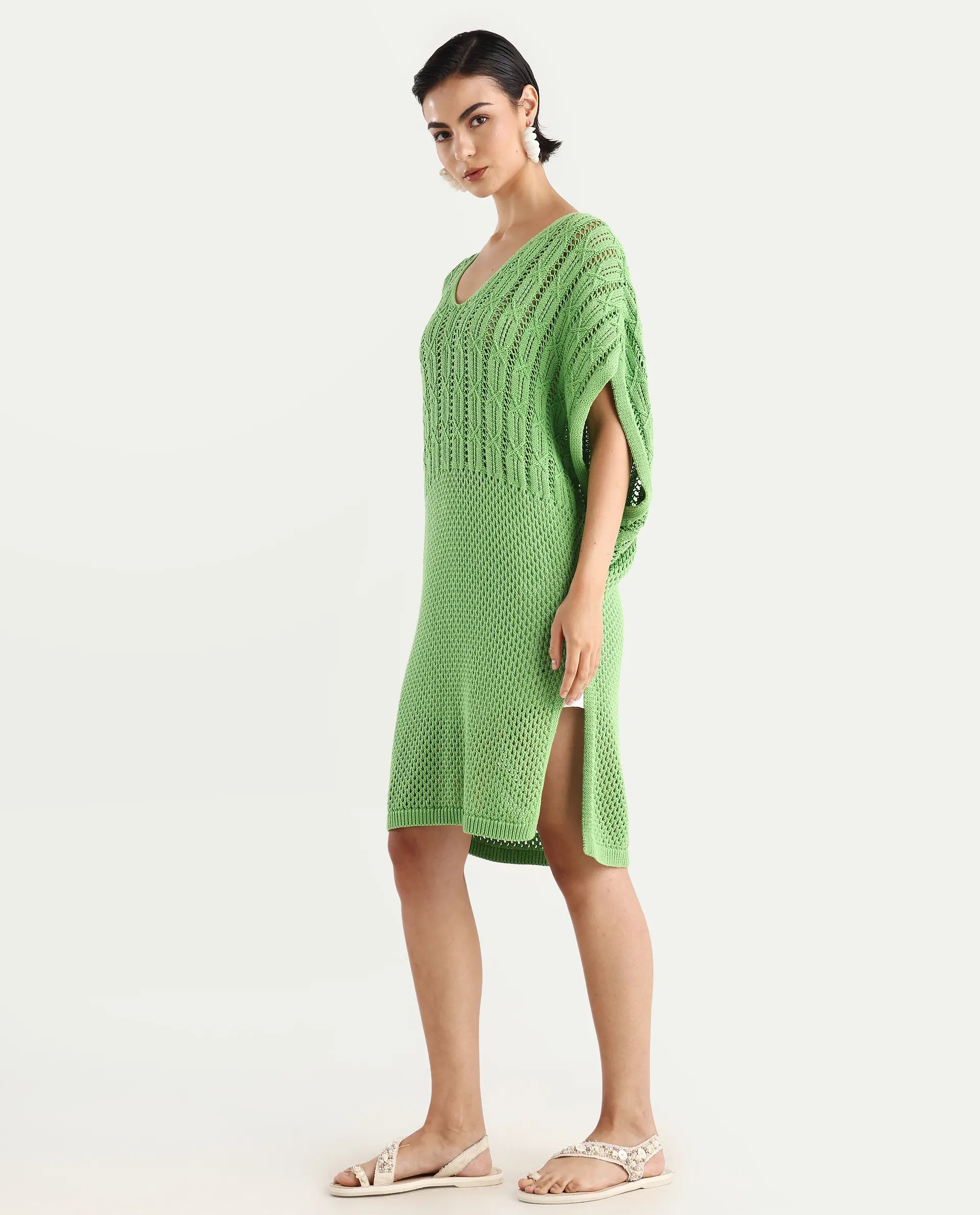 Rareism Women's Espantiago Green Cotton V-Neck Plain Extended Sleeves Knee Length Relaxed Fit Dress