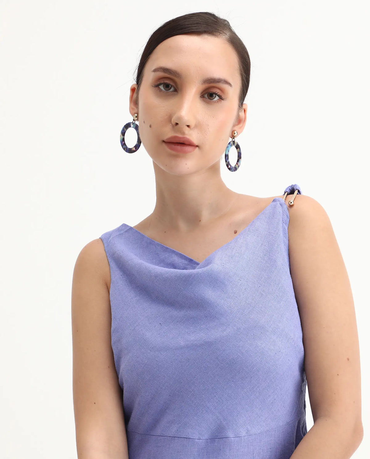 Rareism Women's Eswati Lilac Linen Cowl Neck Plain Sleeveless Knee Length Flared Dress