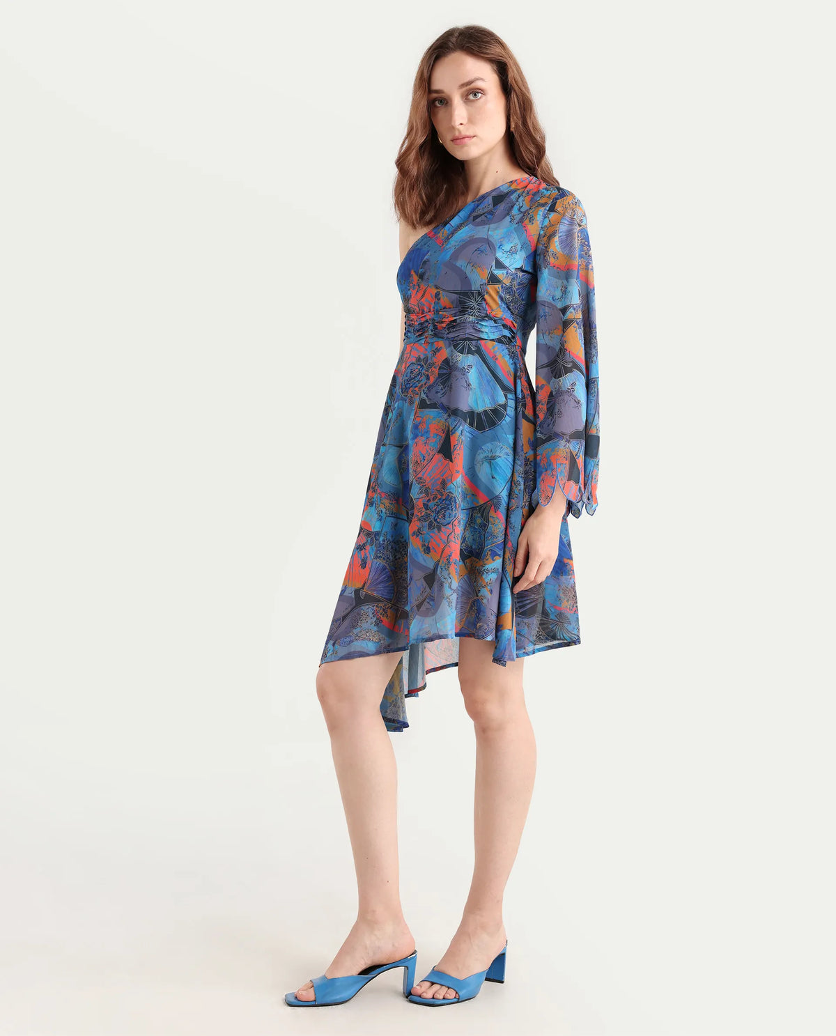 Rareism Women's Ethiopi Blue Polyester One Shoulder Abstract Print Asymmetric Sleeve Knee Length Asymmetric Dress