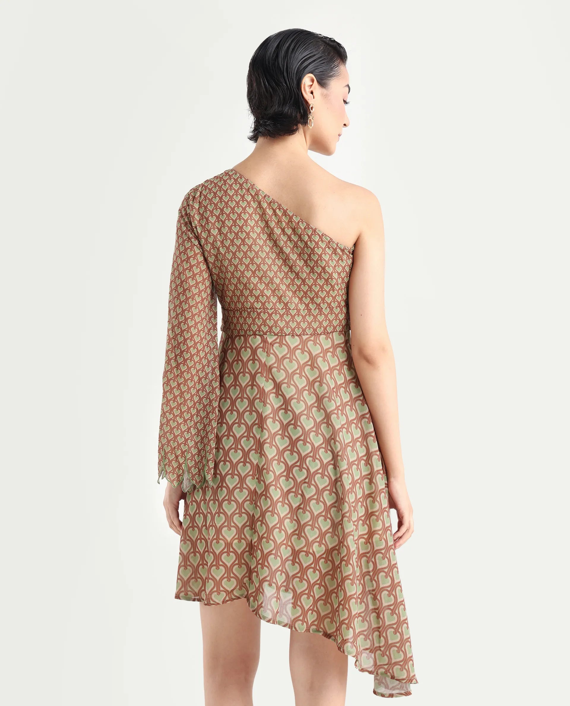 Rareism Women's Ethiopig Multi Polyester One Shoulder Geometric Print Asymmetric Sleeve Knee Length Asymmetric Dress