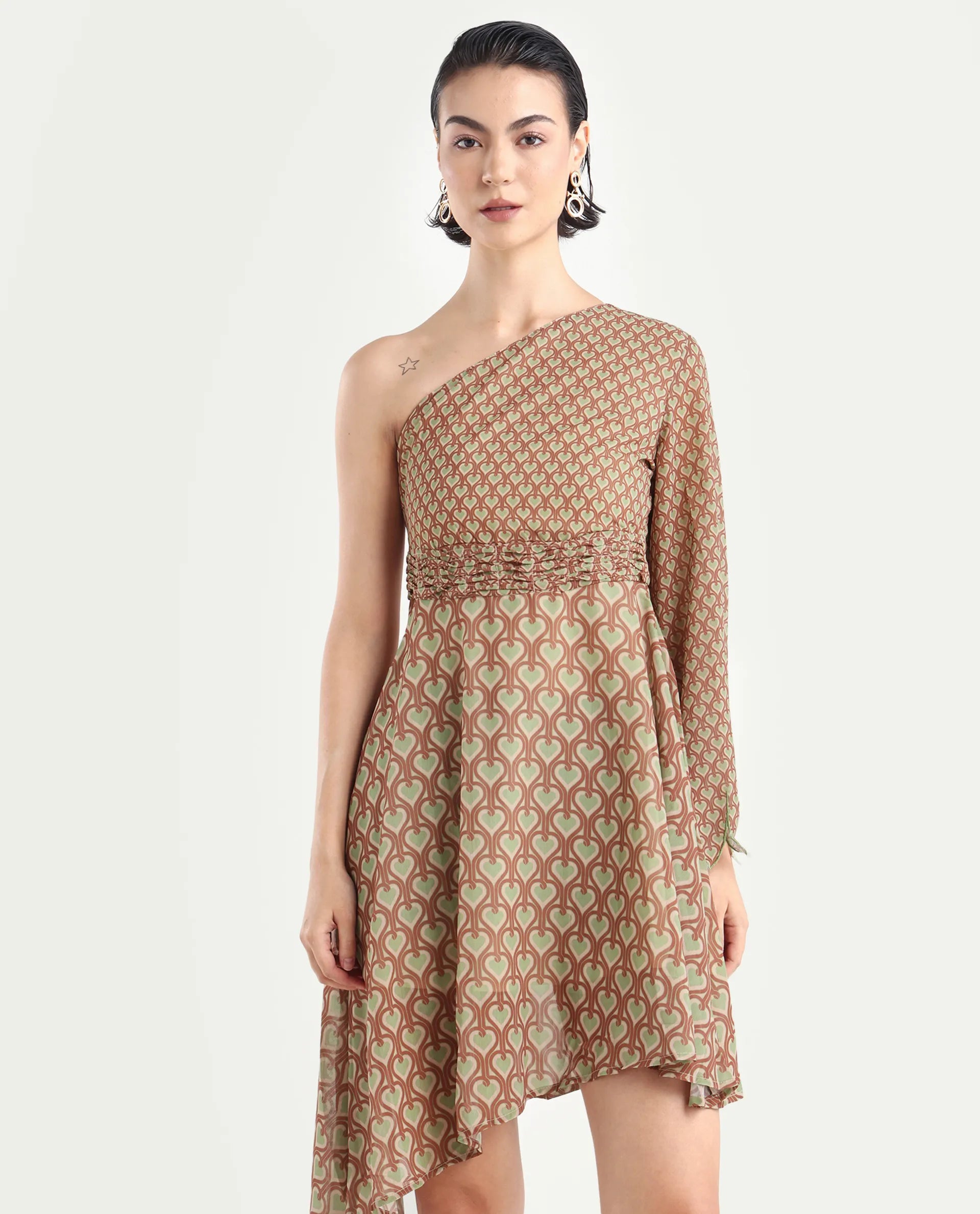 Rareism Women's Ethiopig Multi Polyester One Shoulder Geometric Print Asymmetric Sleeve Knee Length Asymmetric Dress