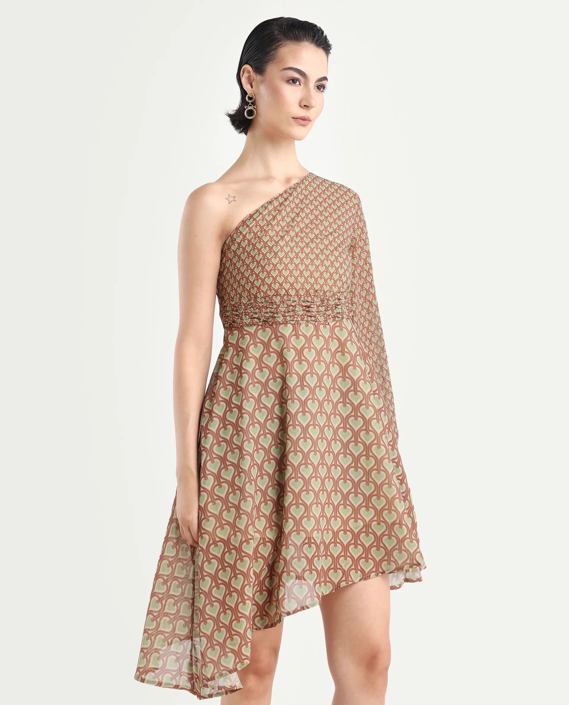 Rareism Women's Ethiopig Multi Polyester One Shoulder Geometric Print Asymmetric Sleeve Knee Length Asymmetric Dress