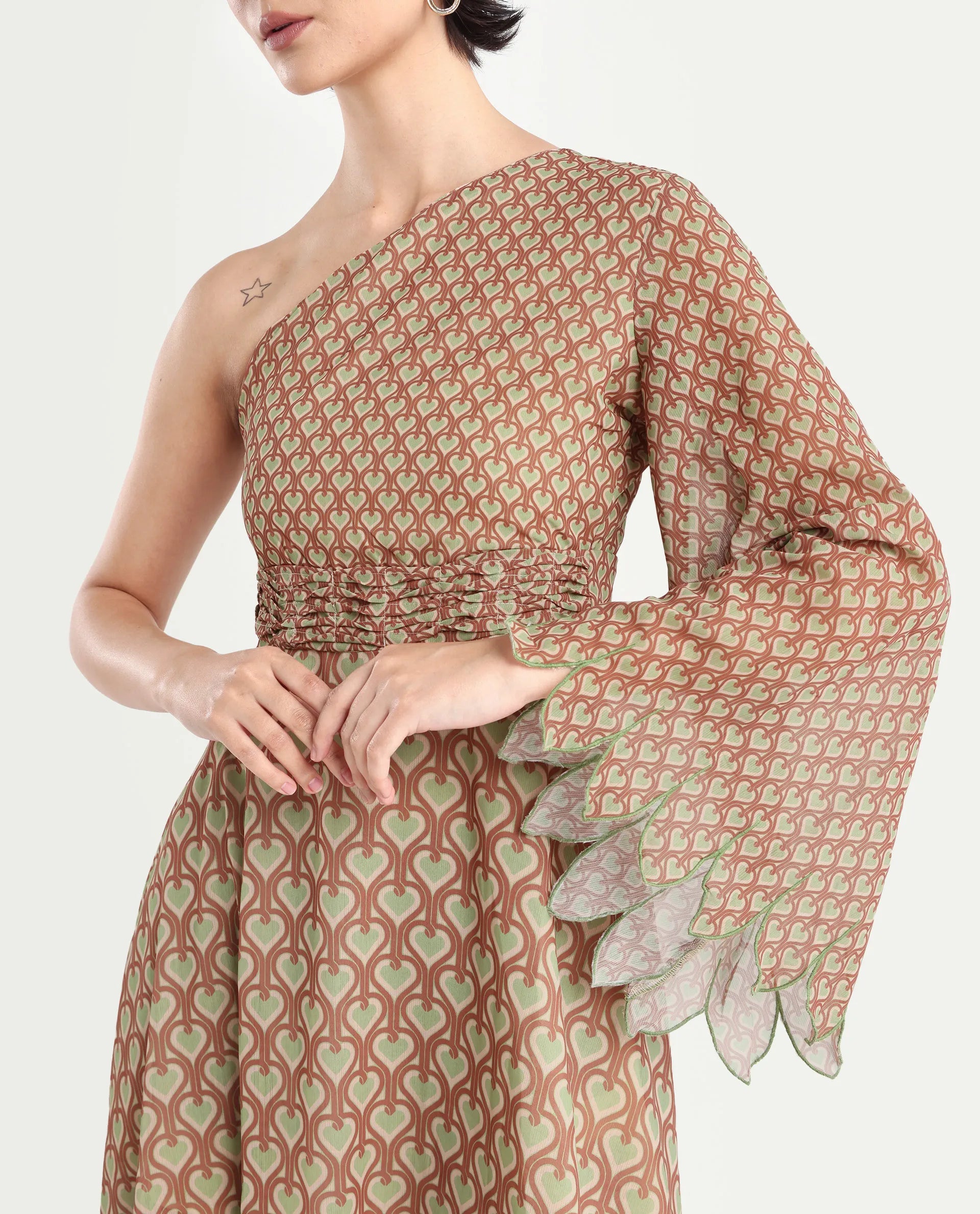 Rareism Women's Ethiopig Multi Polyester One Shoulder Geometric Print Asymmetric Sleeve Knee Length Asymmetric Dress