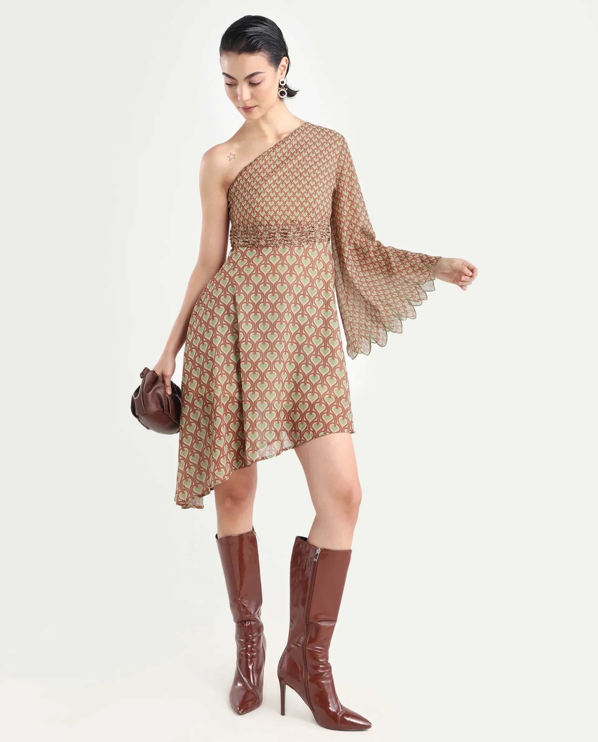 Rareism Women's Ethiopig Multi Polyester One Shoulder Geometric Print Asymmetric Sleeve Knee Length Asymmetric Dress