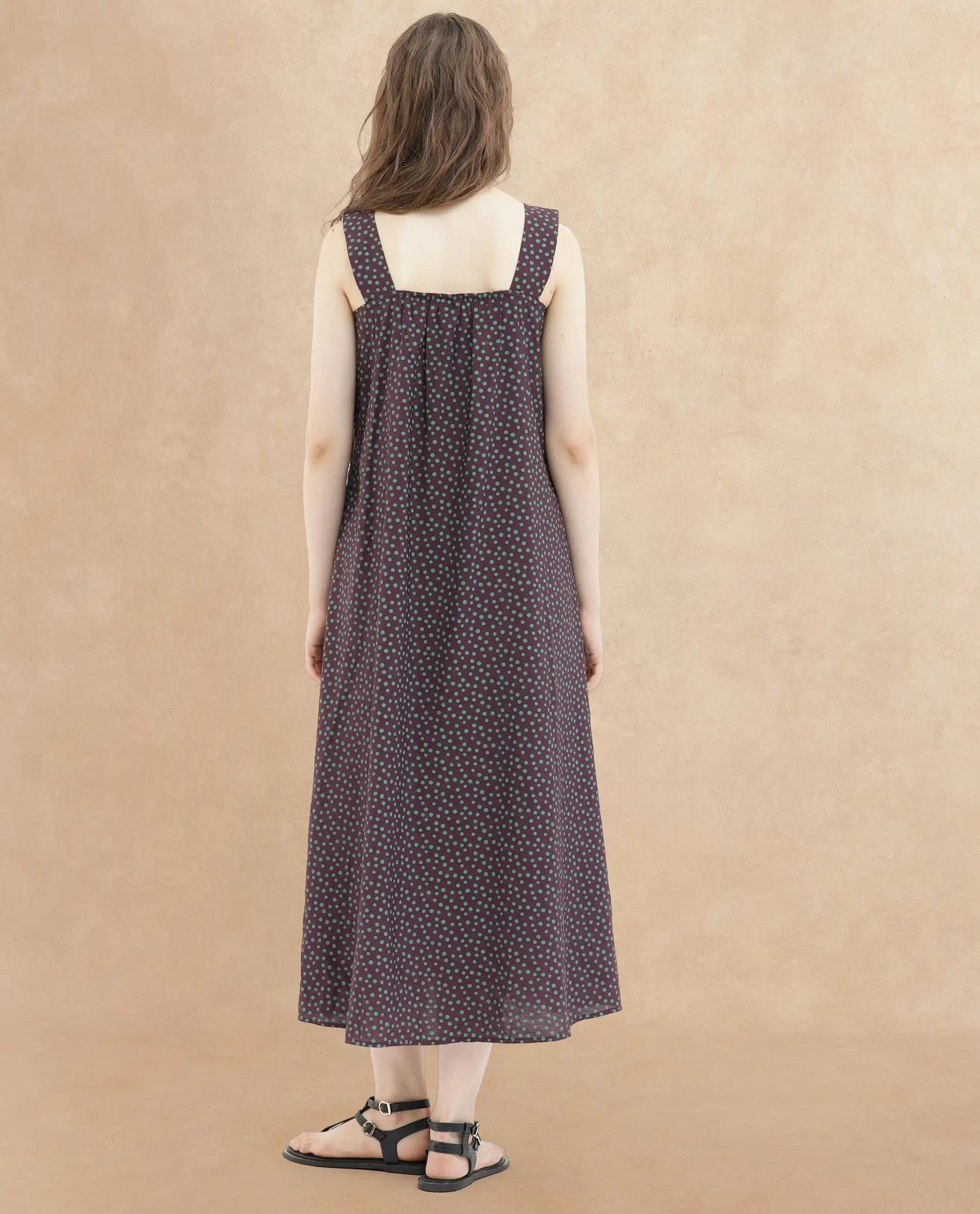 Rareism Women's Eula Brown Viscose Fabric Shoulder Straps Sleeveless Polka Flared Midi Dress