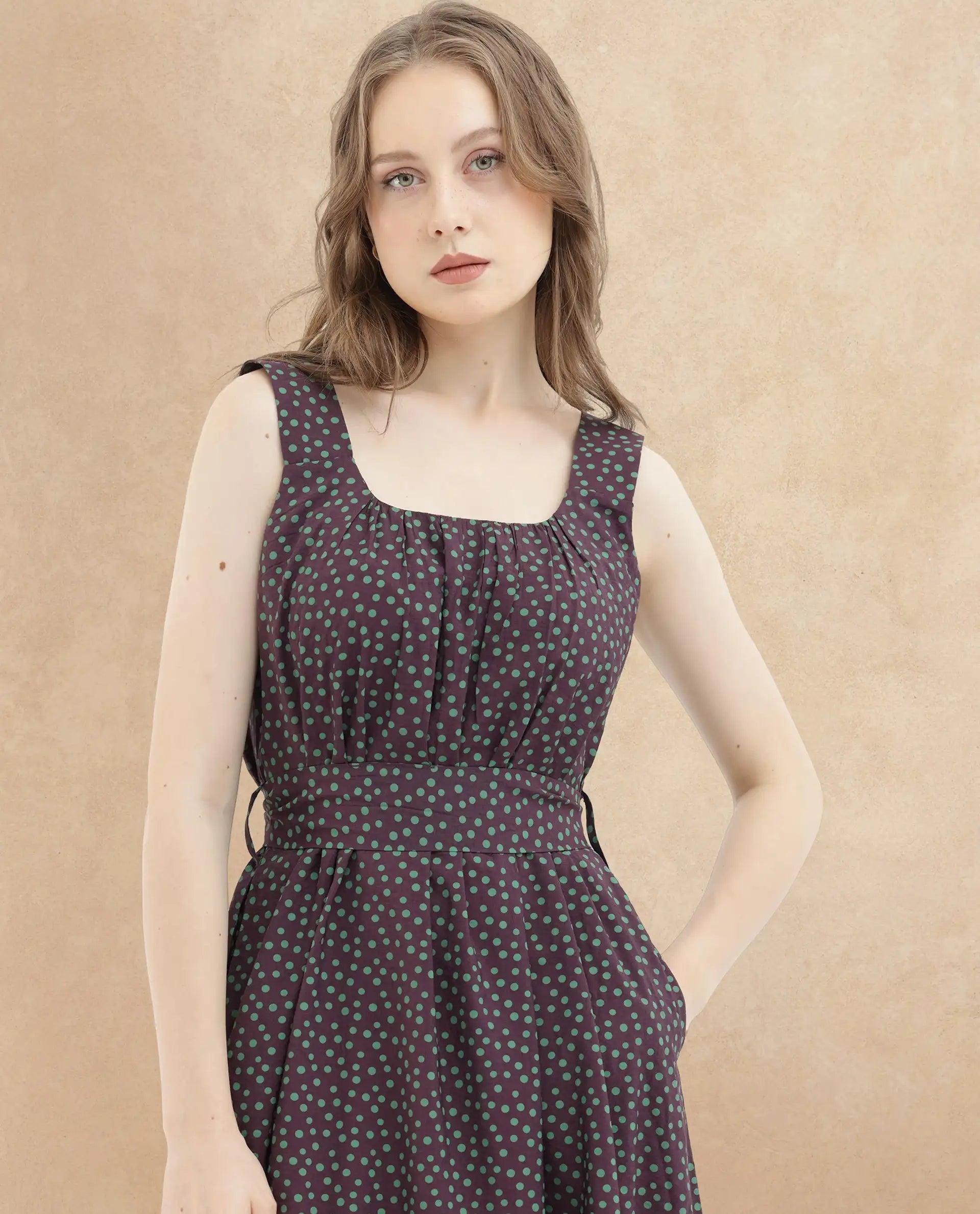 Rareism Women's Eula Brown Viscose Fabric Shoulder Straps Sleeveless Polka Flared Midi Dress