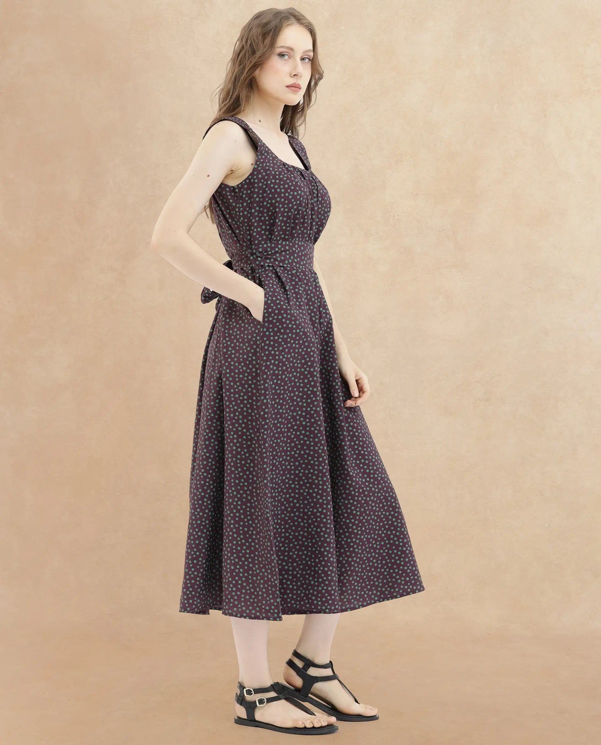 Rareism Women's Eula Brown Viscose Fabric Shoulder Straps Sleeveless Polka Flared Midi Dress