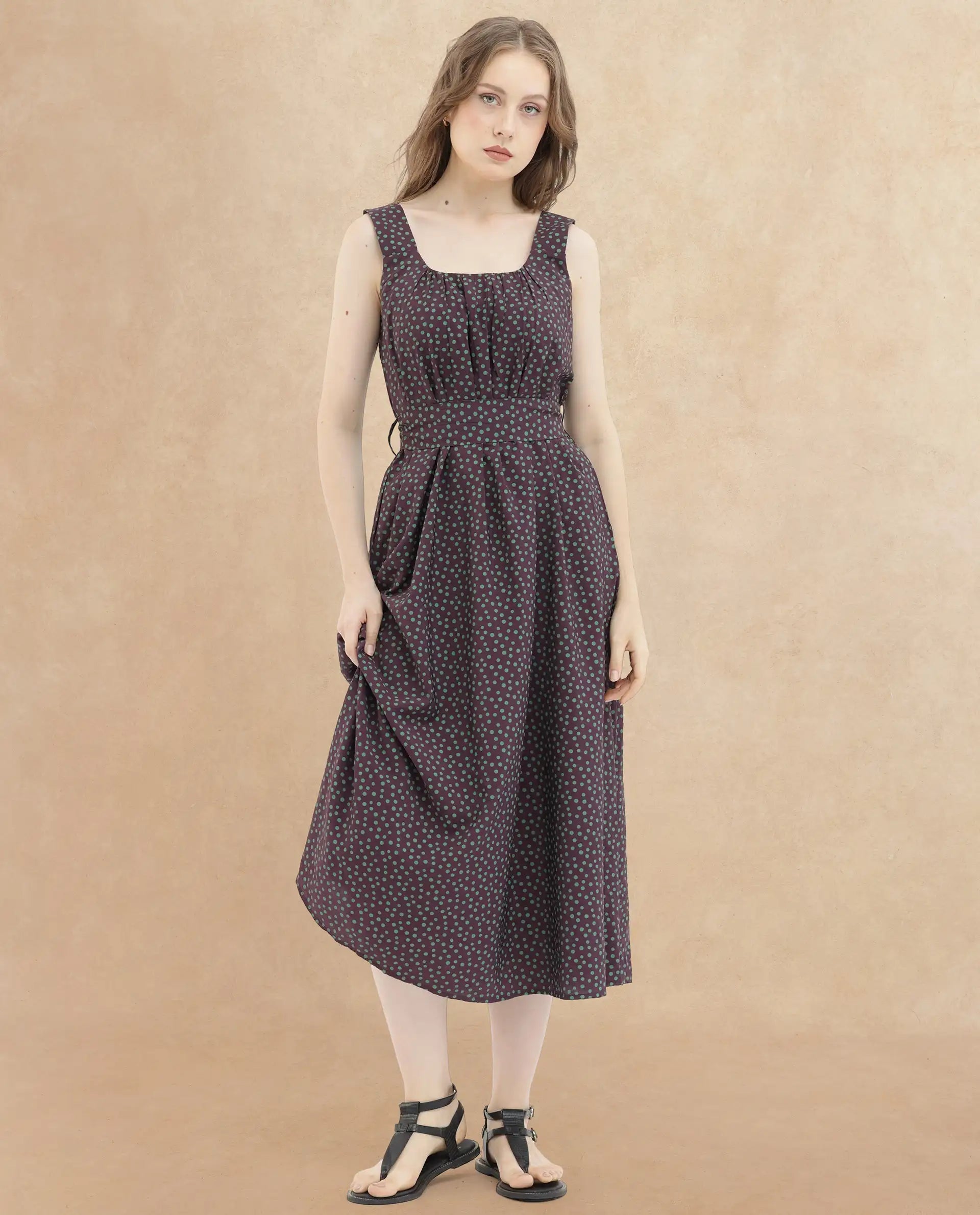 Rareism Women's Eula Brown Viscose Fabric Shoulder Straps Sleeveless Polka Flared Midi Dress