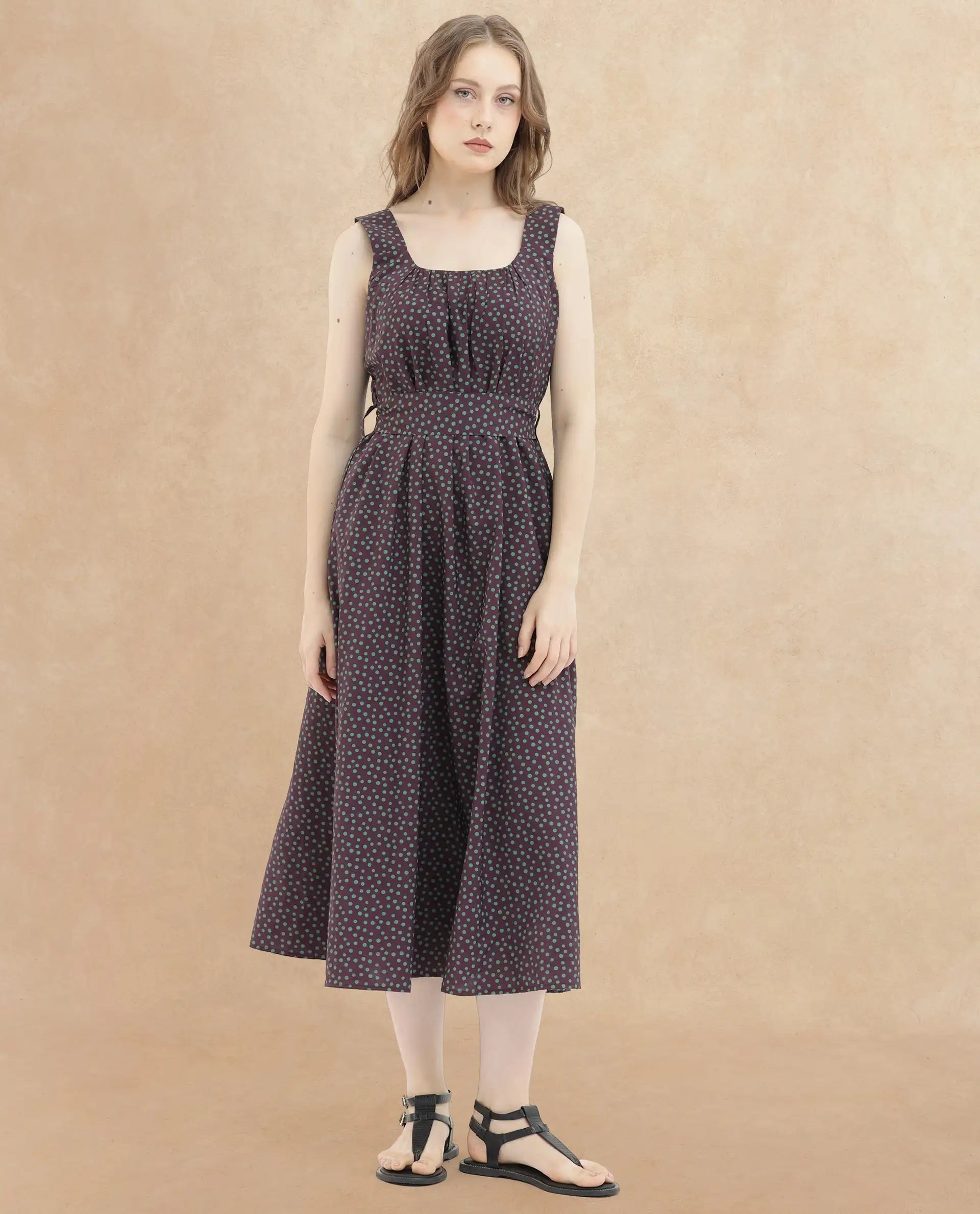 Rareism Women's Eula Brown Viscose Fabric Shoulder Straps Sleeveless Polka Flared Midi Dress