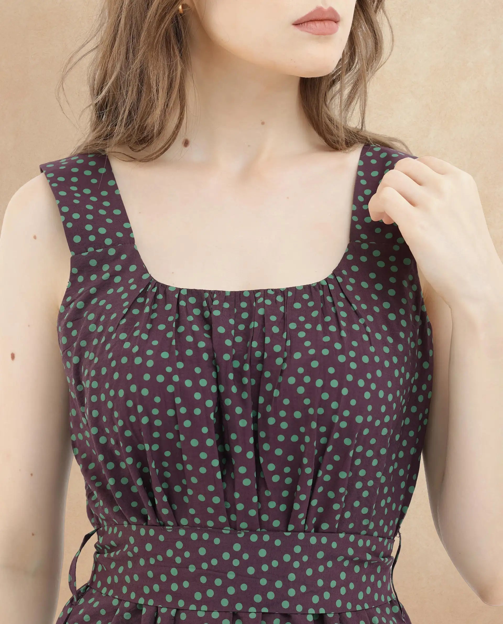 Rareism Women's Eula Brown Viscose Fabric Shoulder Straps Sleeveless Polka Flared Midi Dress
