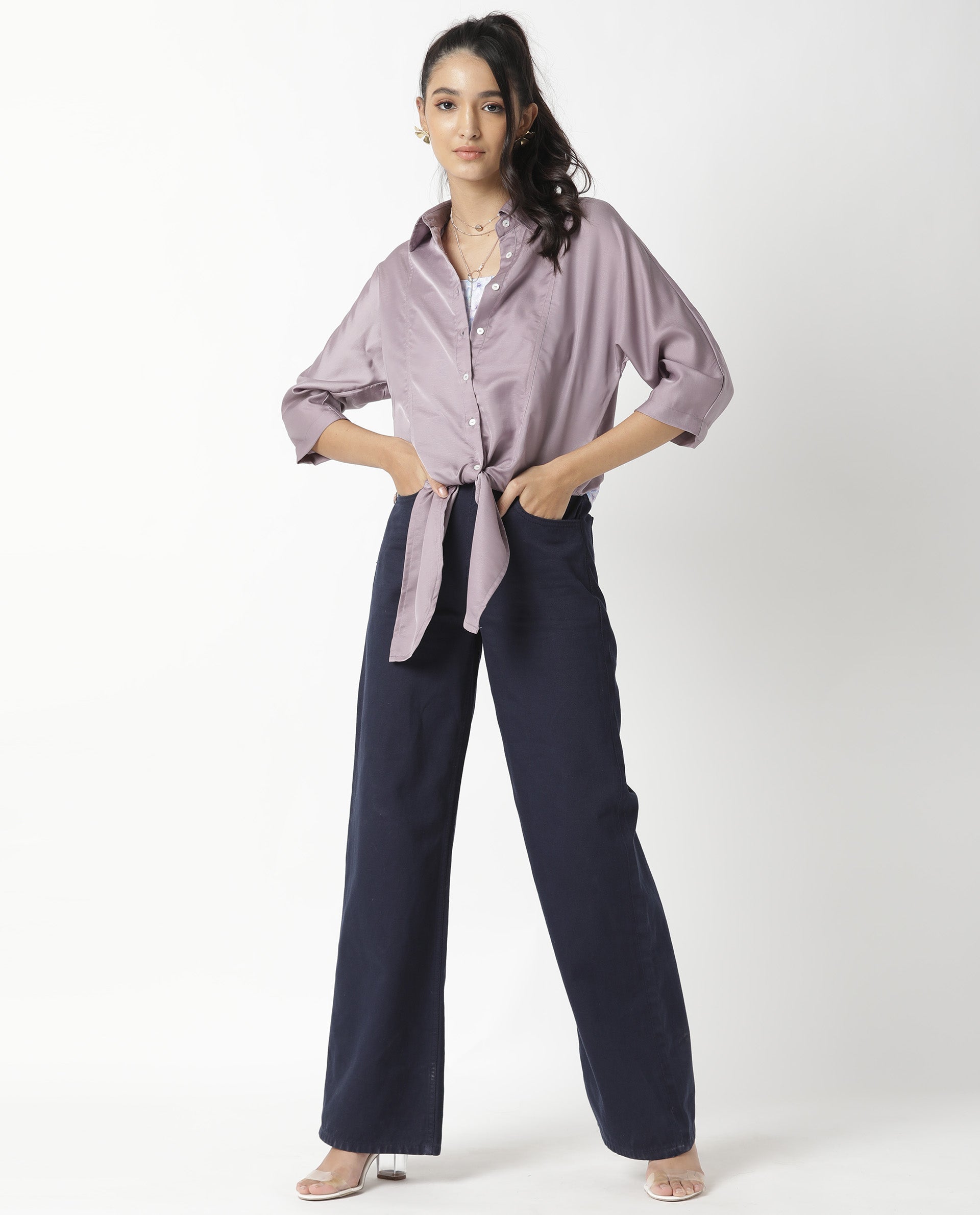 Rareism Women's Euro Purple Polyester Spread Collar Plain Tailored Top