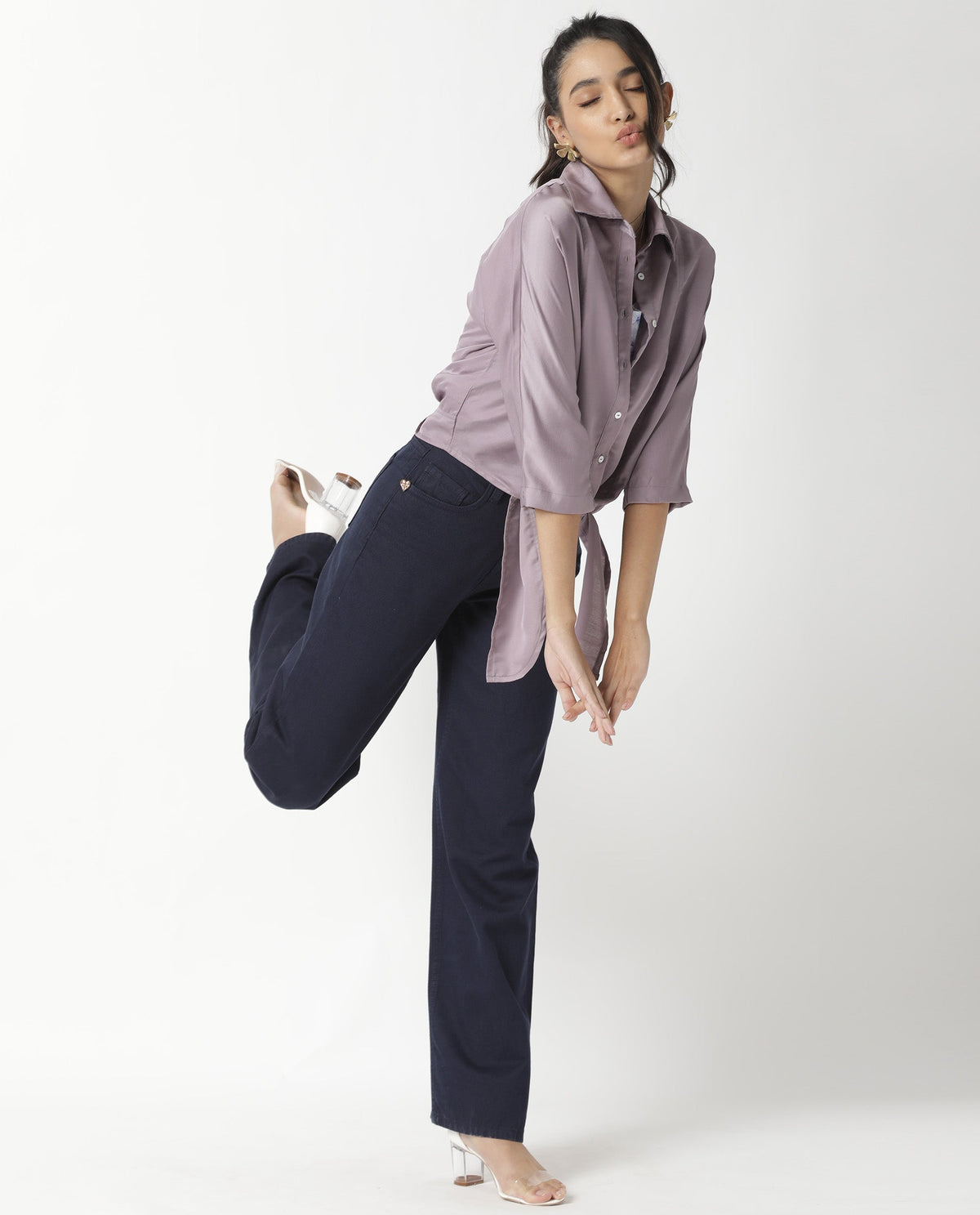 Rareism Women Euro Light Purple Polyester Fabric Tailored Fit Shirt Collar 3/4Th Sleeves Solid Top