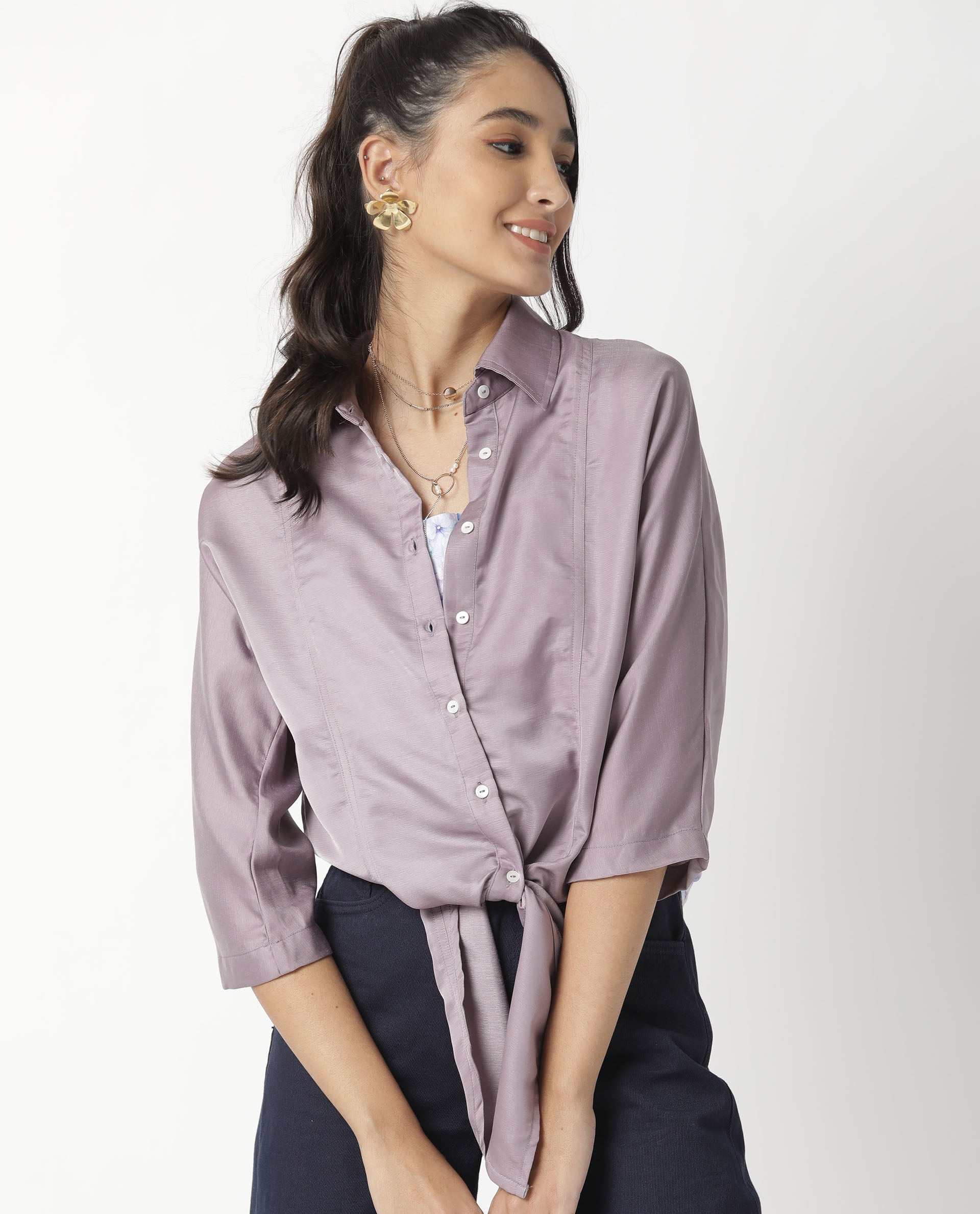 Rareism Women's Euro Purple Polyester Spread Collar Plain Tailored Top