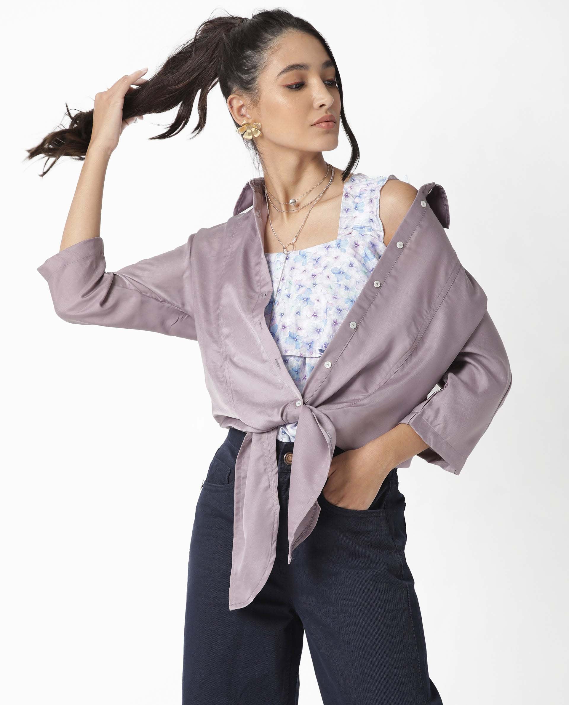 Rareism Women's Euro Purple Polyester Spread Collar Plain Tailored Top