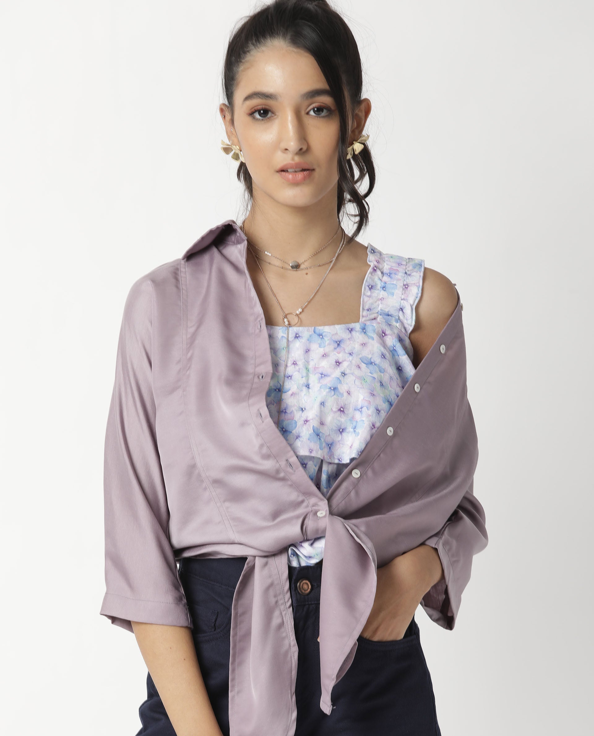Rareism Women's Euro Purple Polyester Spread Collar Plain Tailored Top
