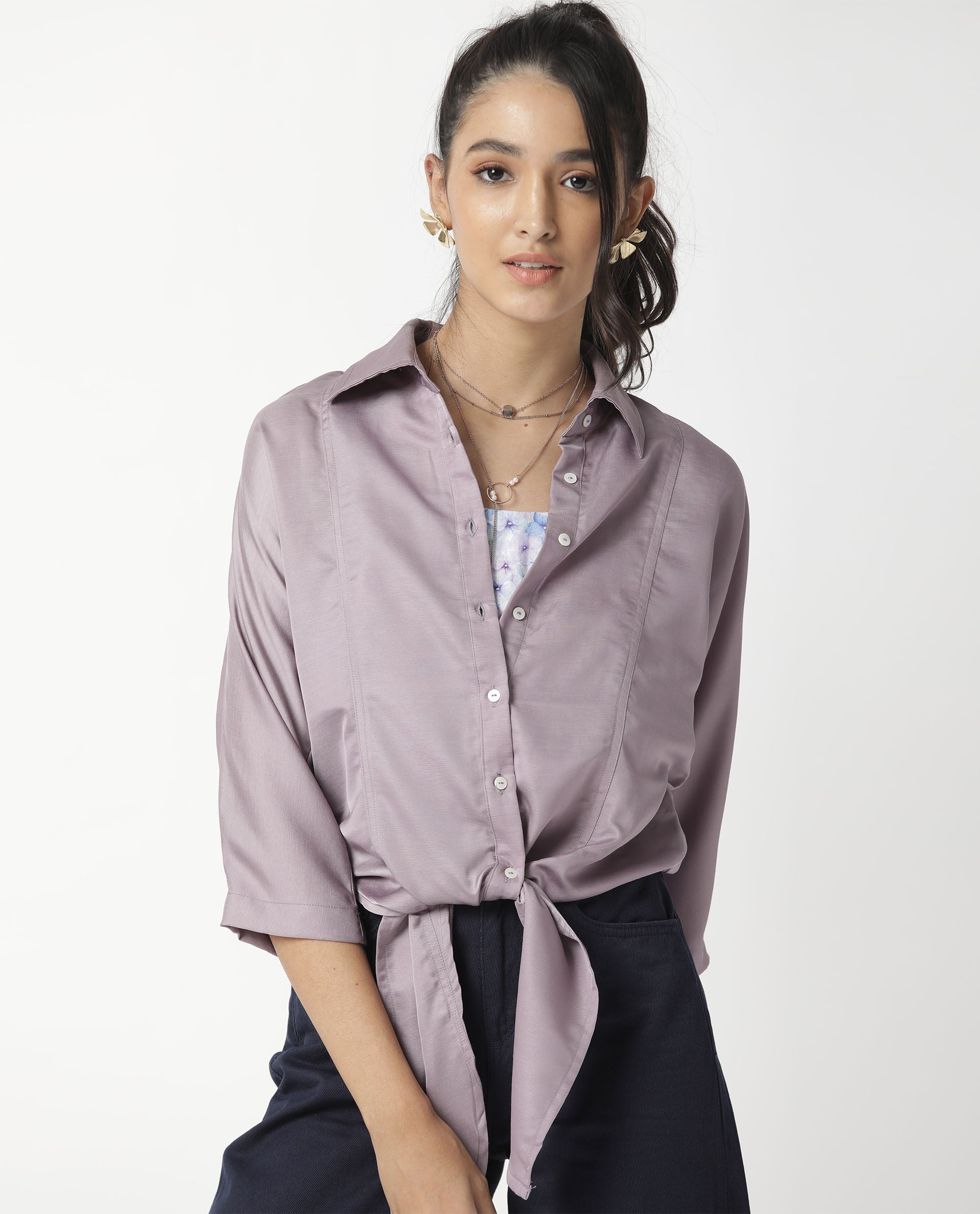 Rareism Women's Euro Purple Polyester Spread Collar Plain Tailored Top