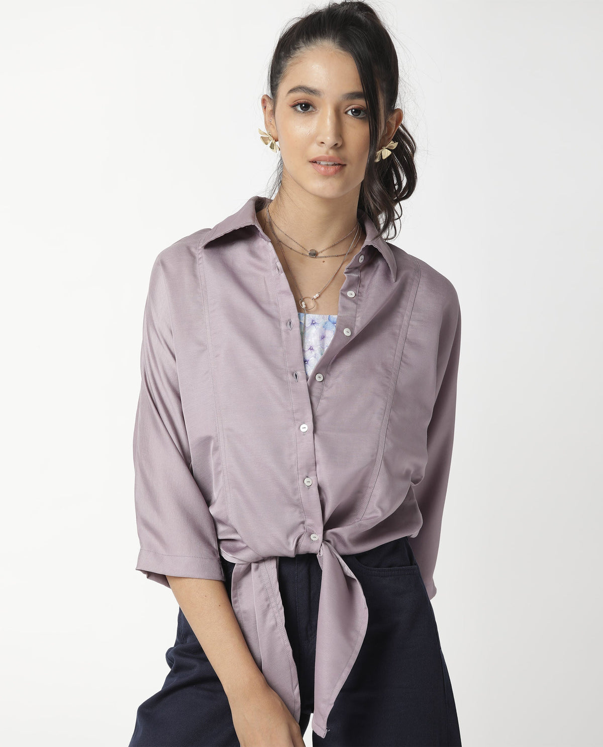 Rareism Women Euro Light Purple Polyester Fabric Tailored Fit Shirt Collar 3/4Th Sleeves Solid Top