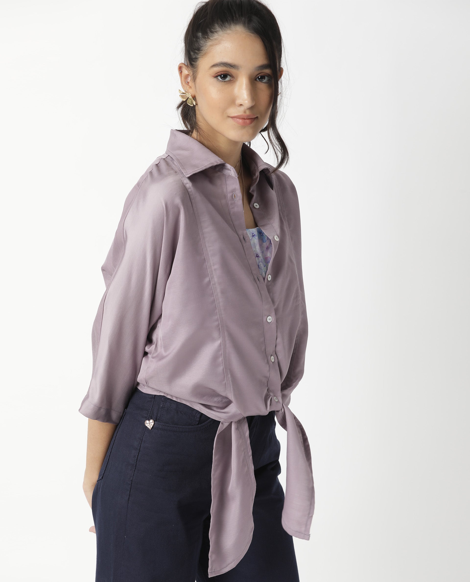 Rareism Women's Euro Purple Polyester Spread Collar Plain Tailored Top