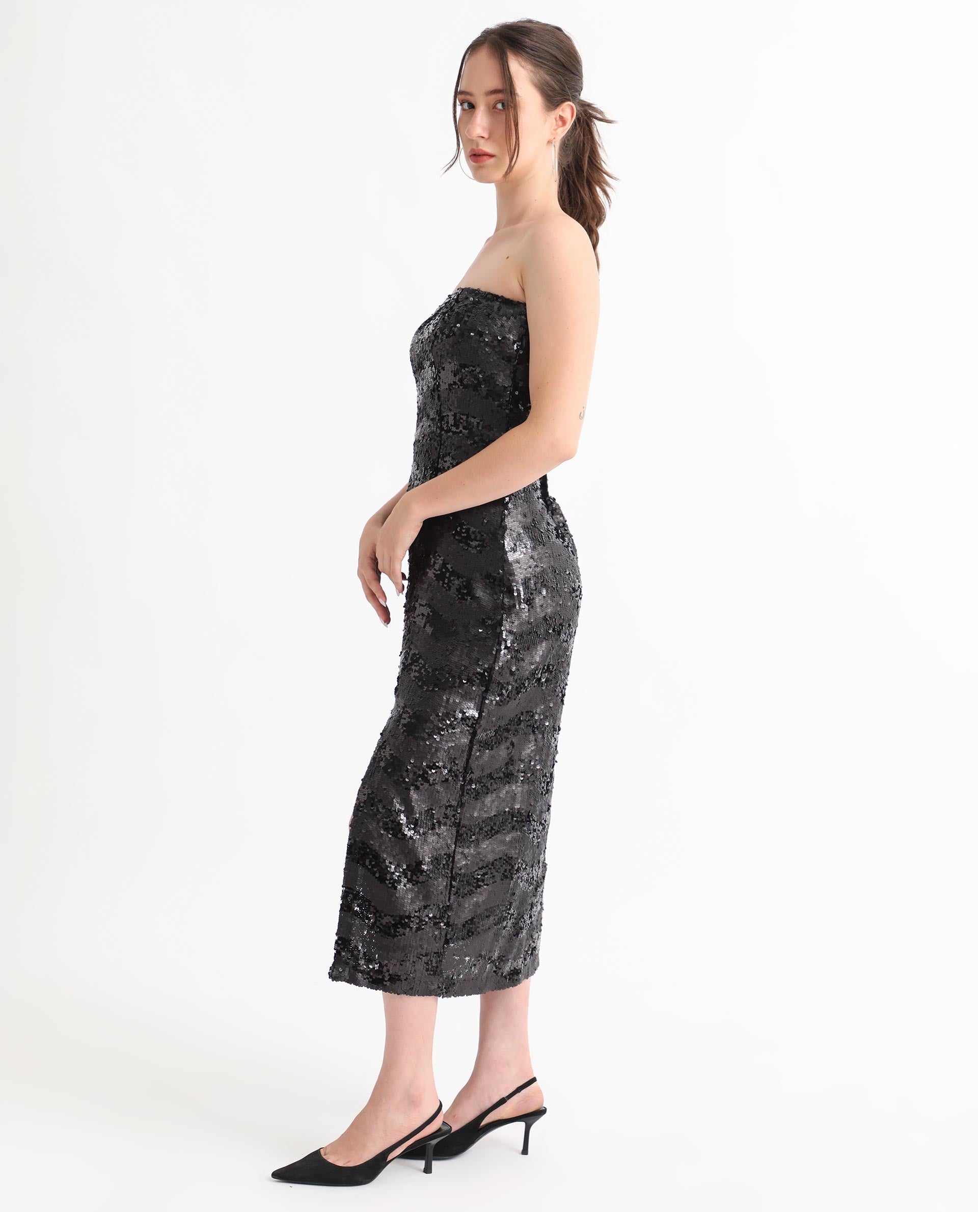 Rareism Women Eve Sheen Black Off Shoulder Thigh Slit Back Zip Closure Sequin Bodycon Midi Party Dress