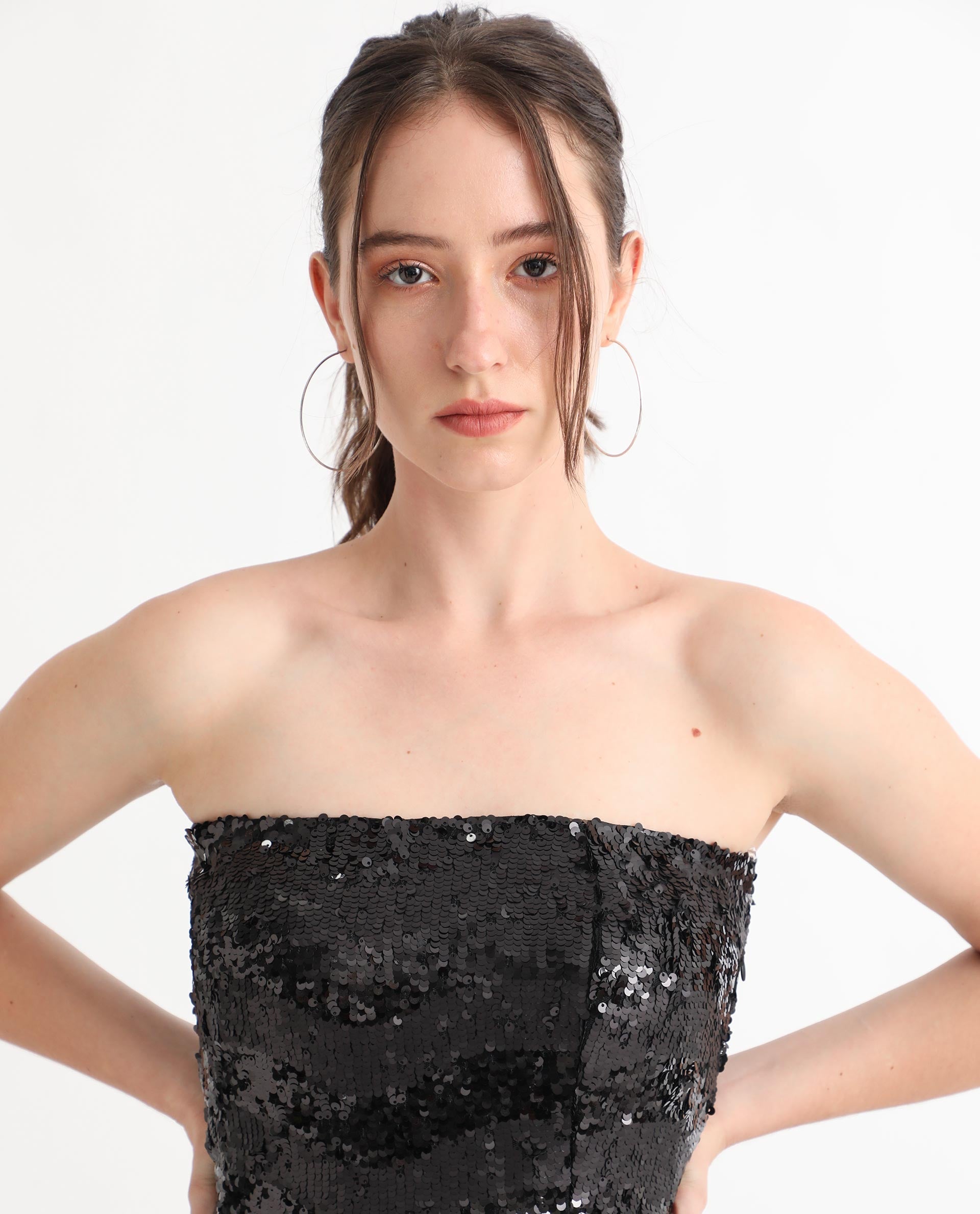 Rareism Women's Eve Sheen Black Polyester Collarless Sequined Sleeveless Maxi Regular Fit Dress