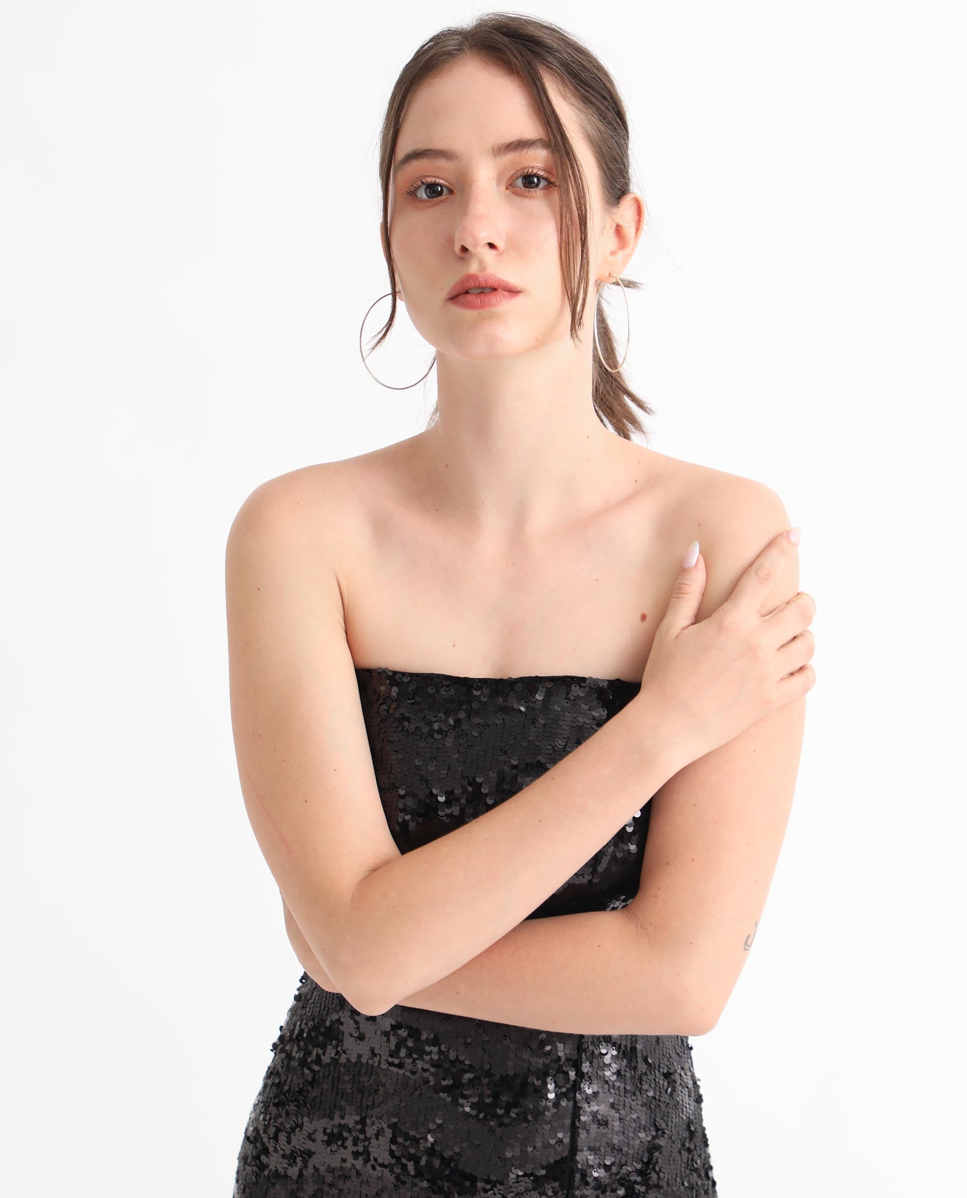 Rareism Women Eve Sheen Black Off Shoulder Thigh Slit Back Zip Closure Sequin Bodycon Midi Party Dress