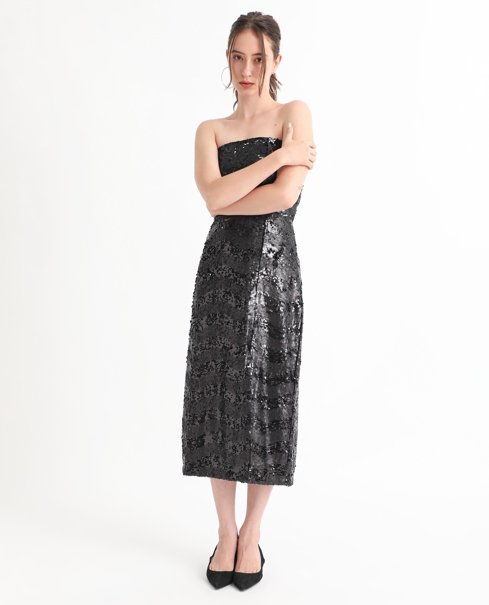 Rareism Women's Eve Sheen Black Polyester Collarless Sequined Sleeveless Maxi Regular Fit Dress
