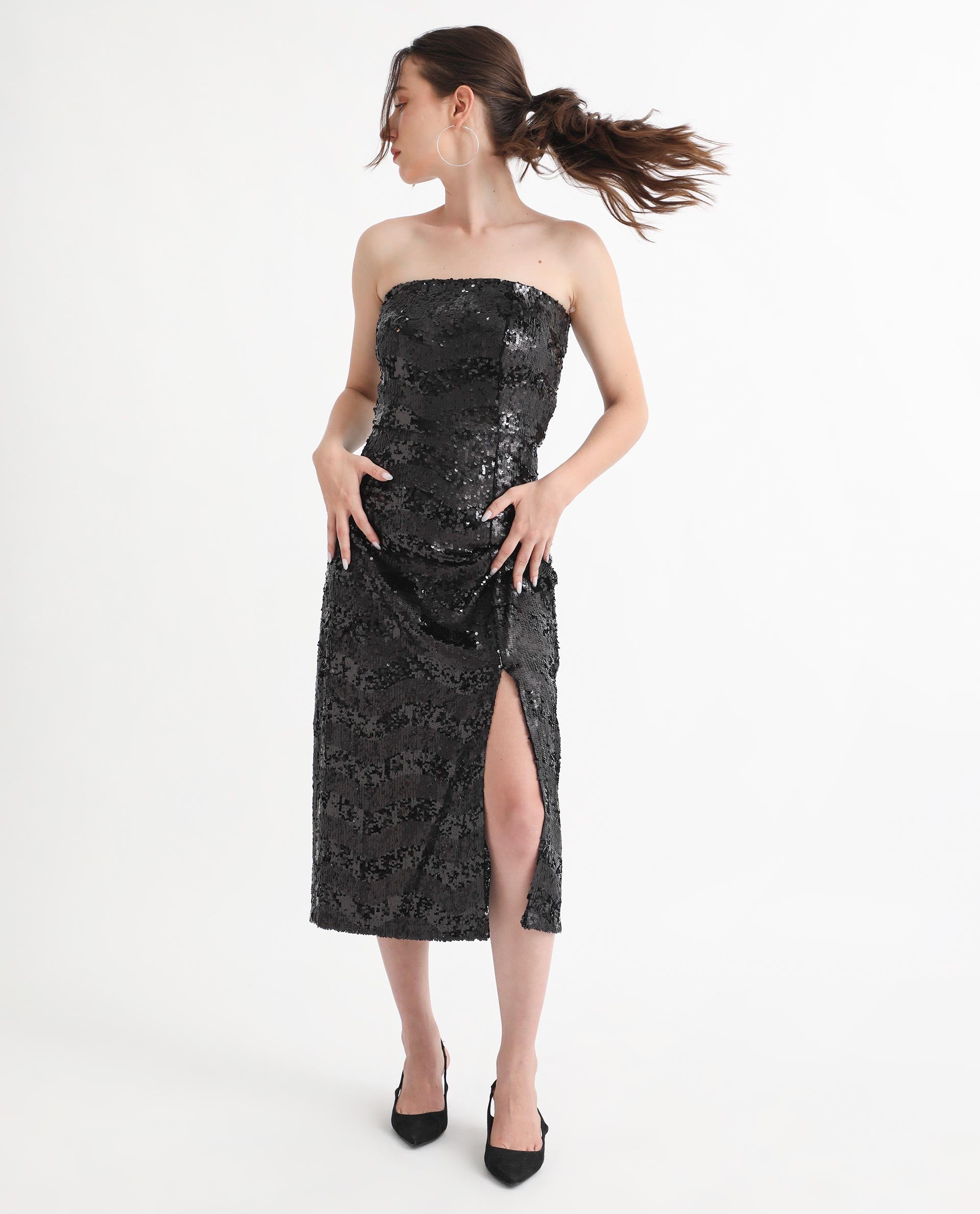 Rareism Women Eve Sheen Black Off Shoulder Thigh Slit Back Zip Closure Sequin Bodycon Midi Party Dress