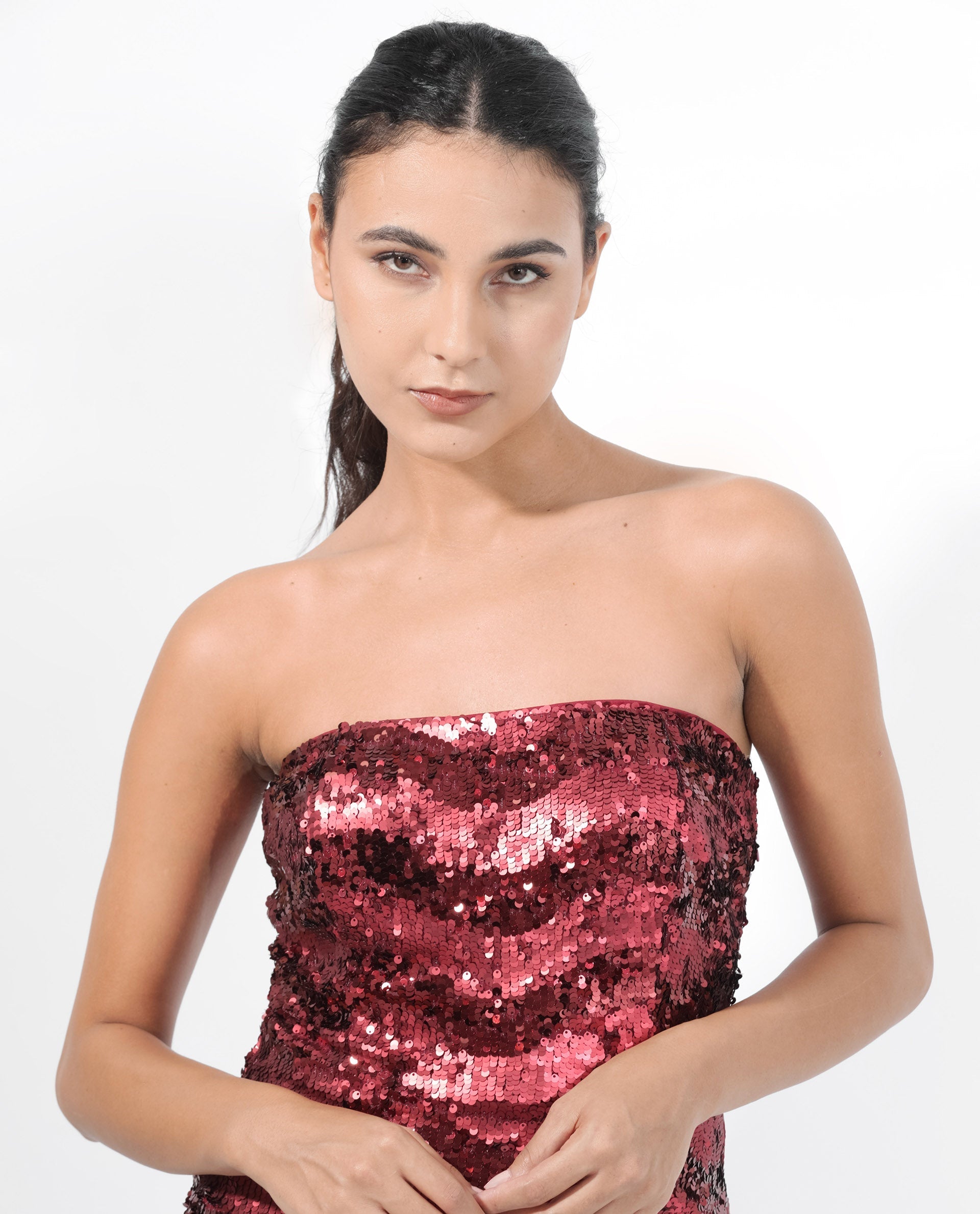 Rareism Women Eve Sheen Red Polyester Fabric Zip Closure Sleeveless Regular Fit Sequined Maxi Dress