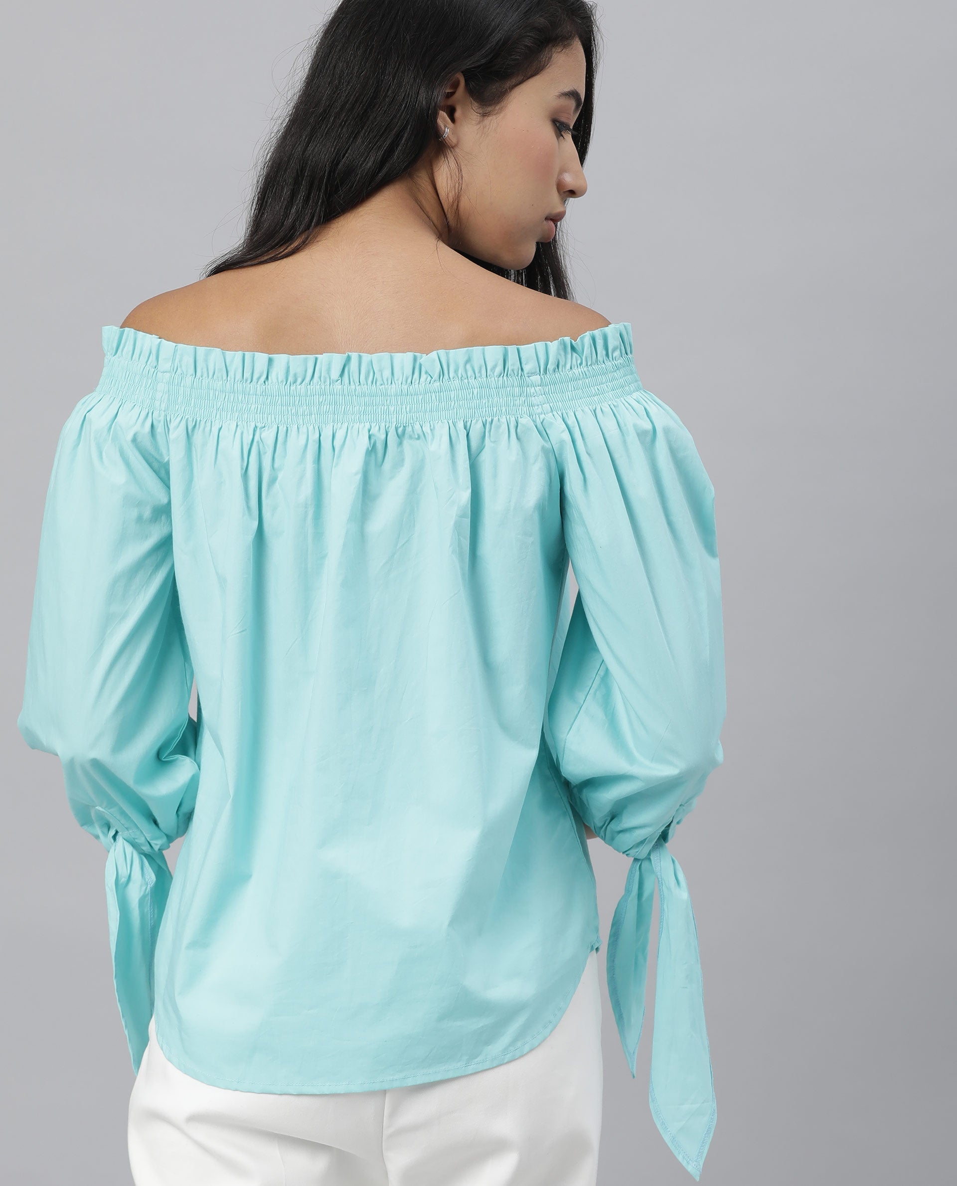 Rareism Womens Evenin Green Top Cotton Fabric Loose Fit Cold Shoulder Sleeve