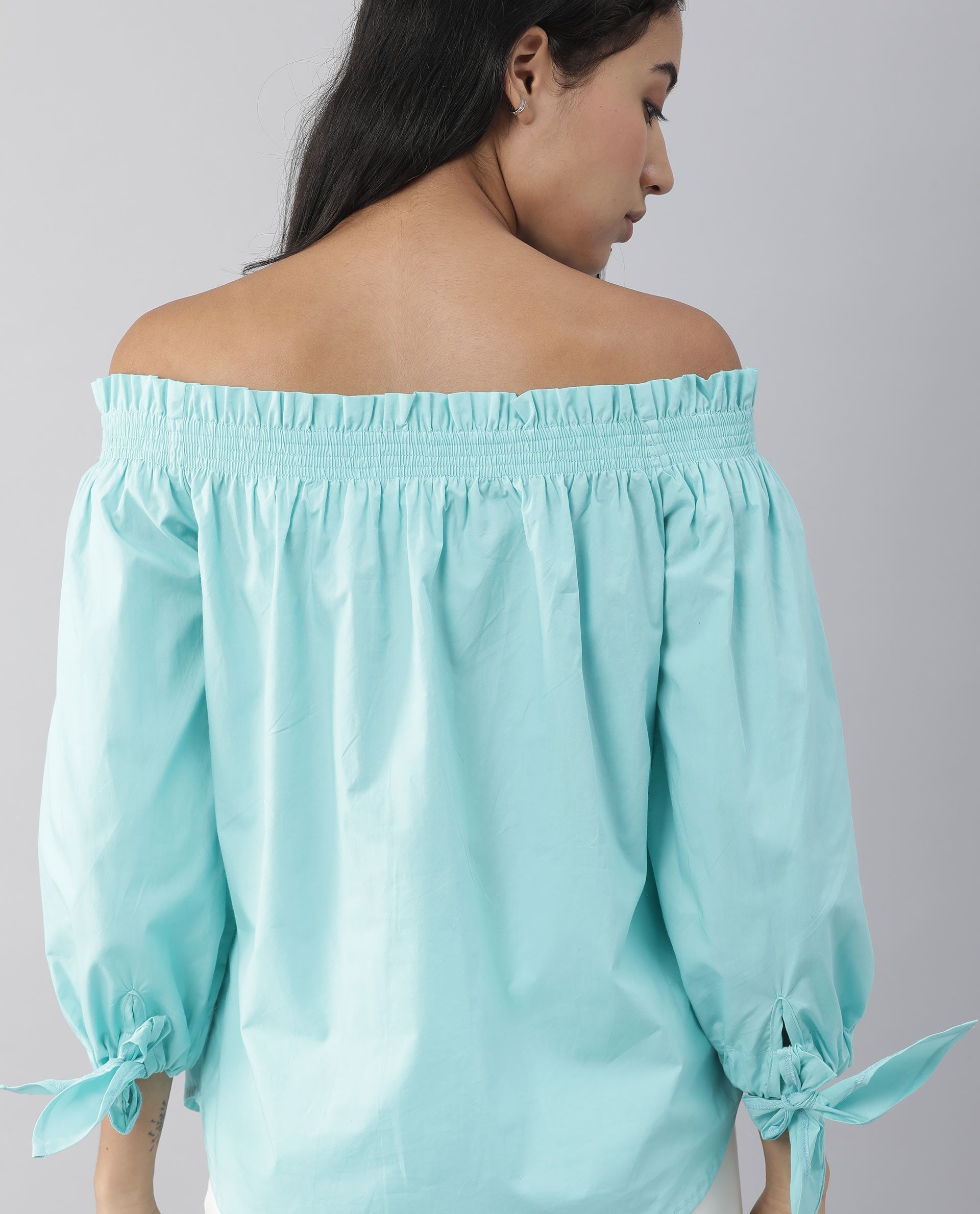 Rareism Womens Evenin Green Top Cotton Fabric Loose Fit Cold Shoulder Sleeve