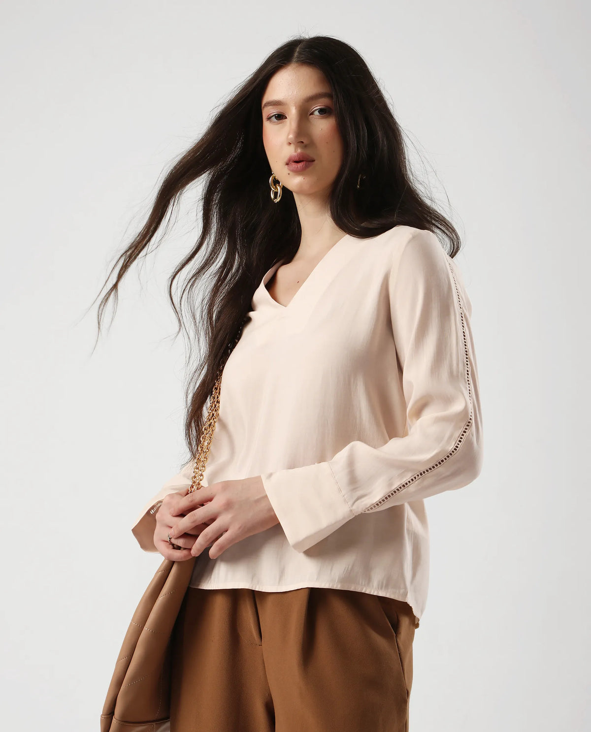Rareism Women's Elani Beige Viscose Blend V-Neck Regular Fit Plain Top