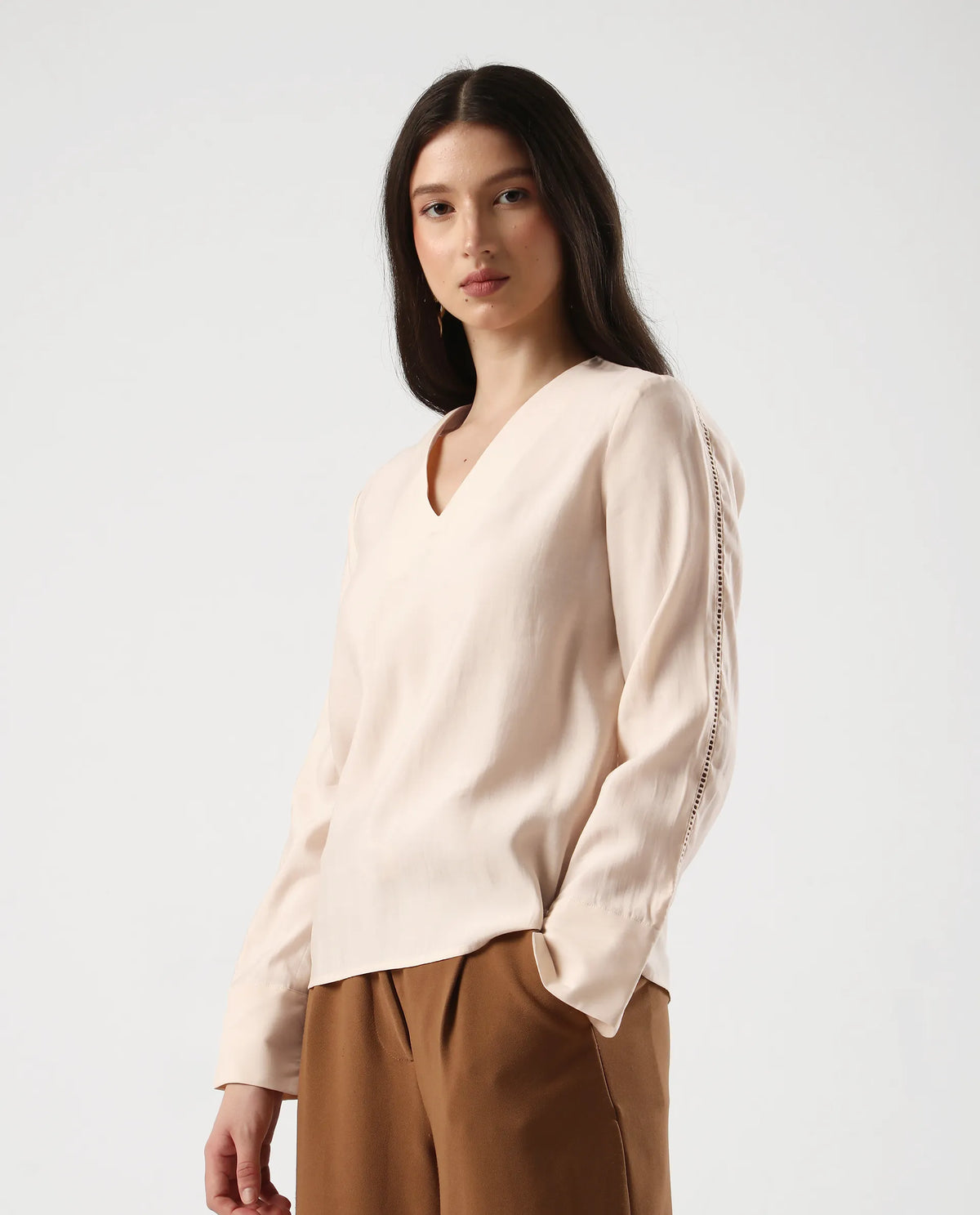 Rareism Women's Elani Beige Viscose Blend V-Neck Regular Fit Plain Top