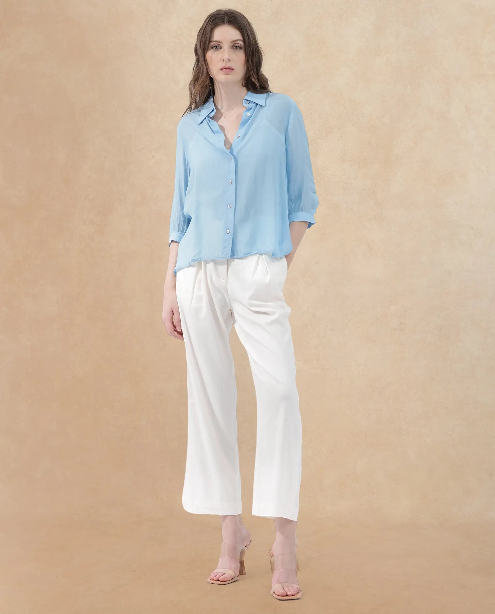 Rareism Women's Faina Light Blue Viscose Drop Collar Plain Cuffed Sleeve Regular Fit Top