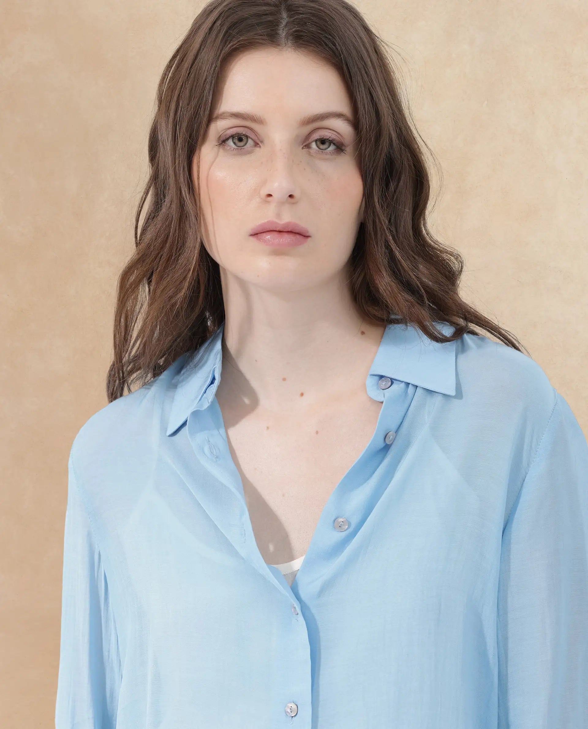 Rareism Women's Faina Light Blue Viscose Drop Collar Plain Cuffed Sleeve Regular Fit Top