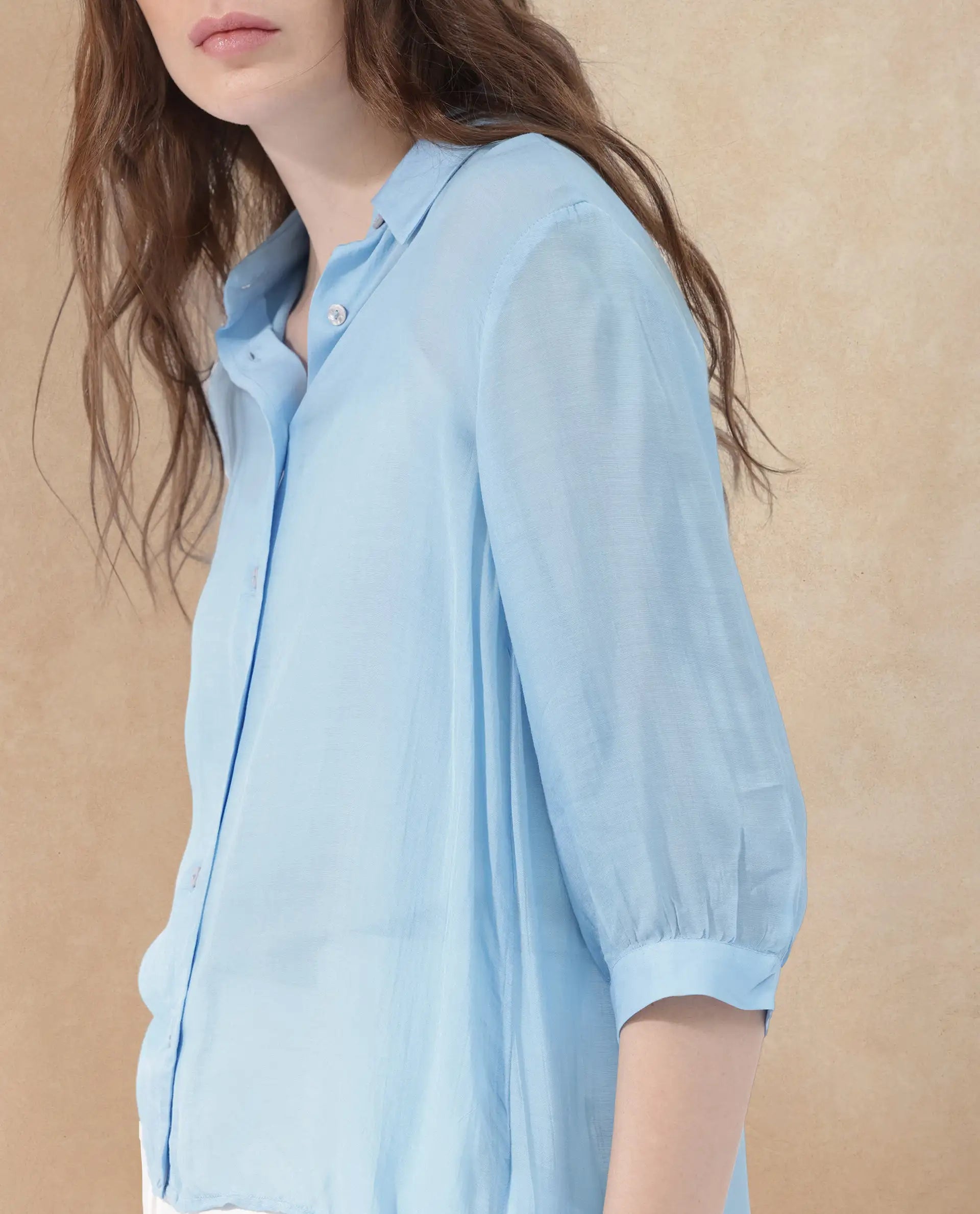 Rareism Women's Faina Light Blue Viscose Drop Collar Plain Cuffed Sleeve Regular Fit Top