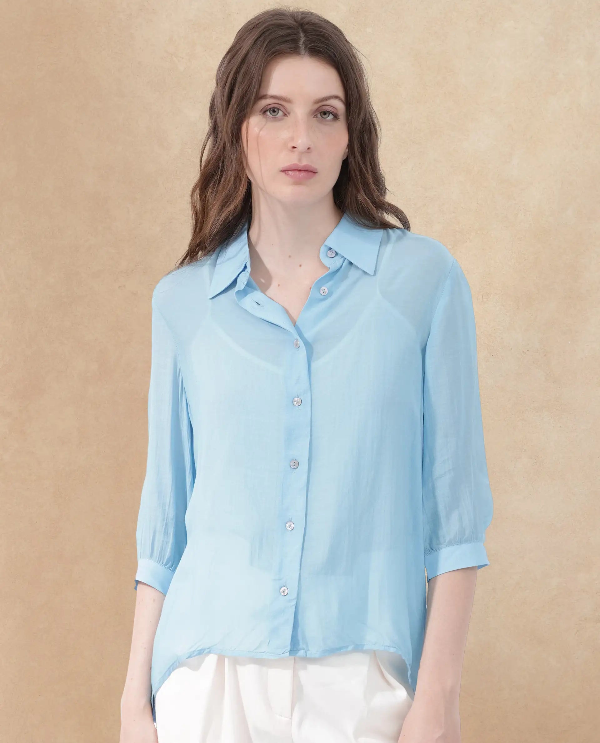 Rareism Women's Faina Light Blue Viscose Drop Collar Plain Cuffed Sleeve Regular Fit Top