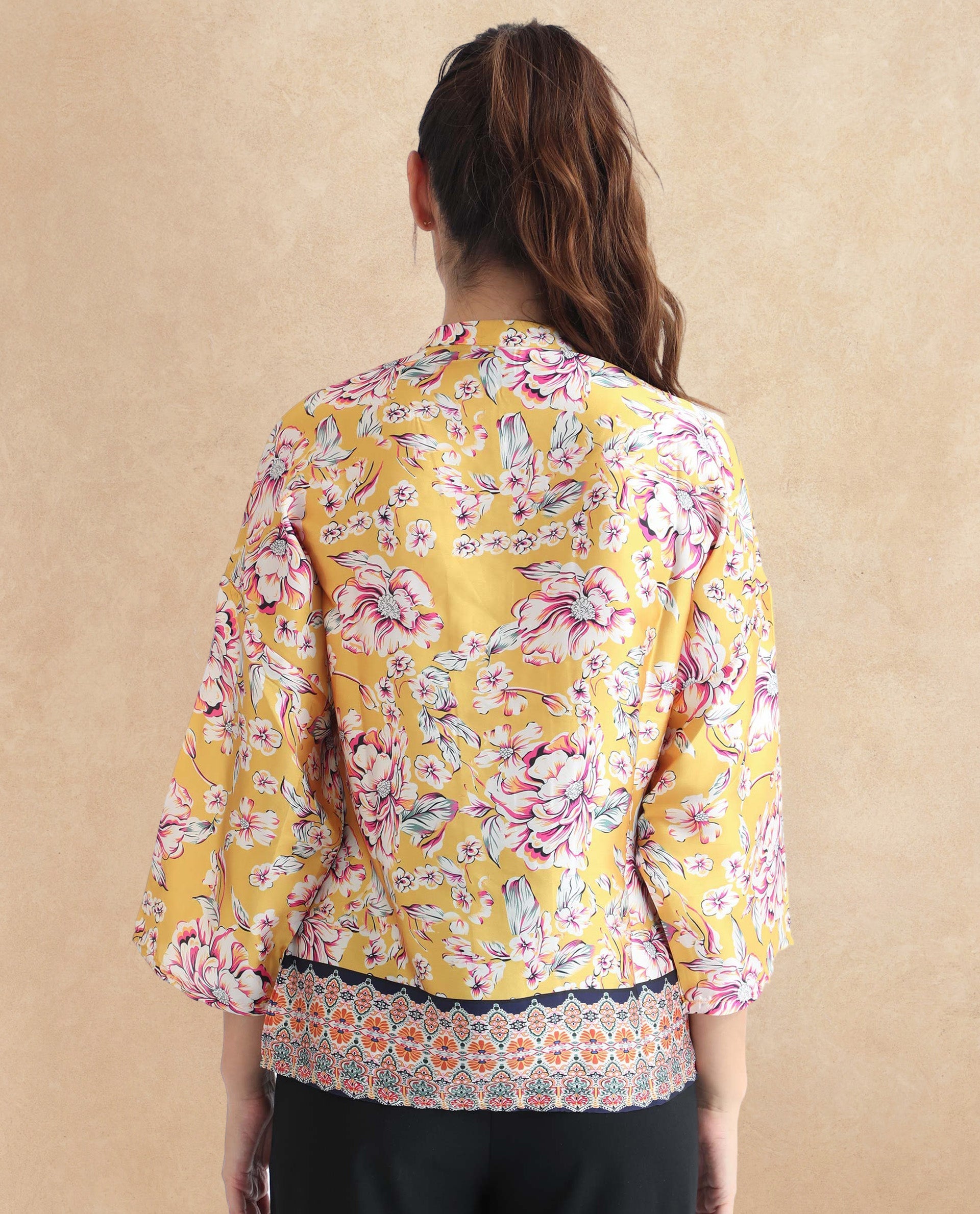 Rareism Women's Falke Yellow Polyester Mandarin Collar Floral Print Kimono Sleeve Regular Fit Top