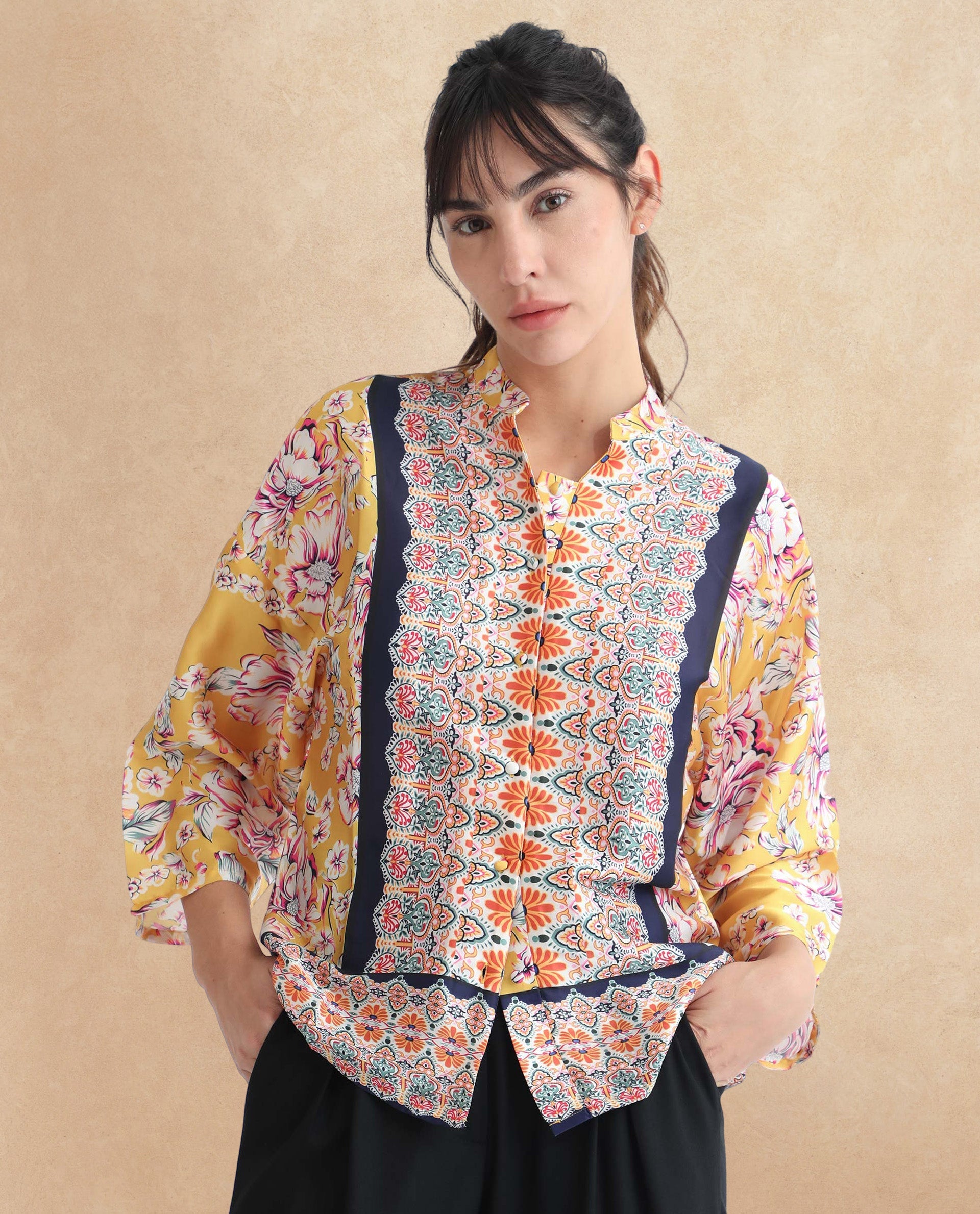 Rareism Women Falke Yellow Polyester Fabric 3/4Th Sleeves Button Closure Mandarin Collar Kimono Sleeve Regular Fit Floral Print Knee Top