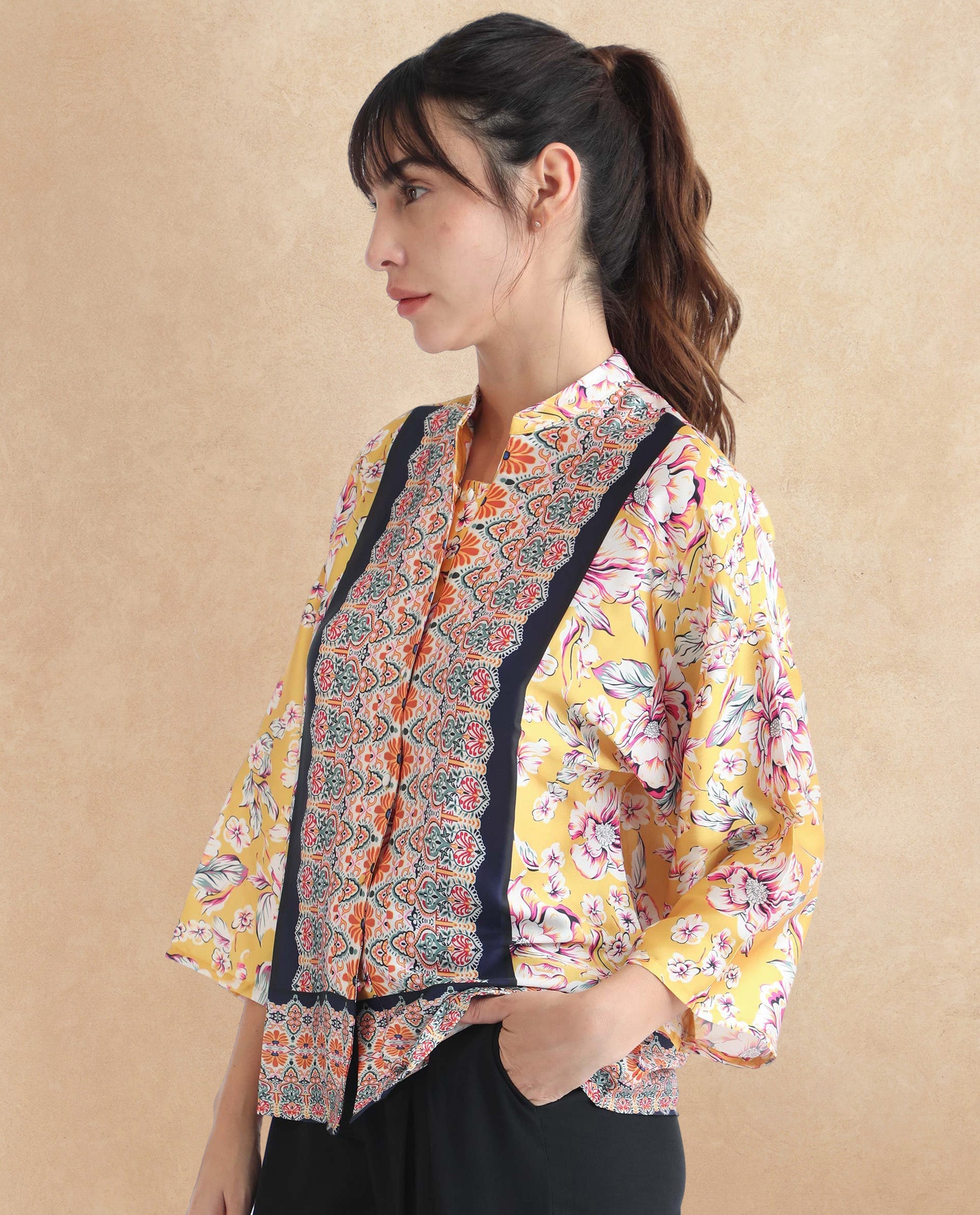 Rareism Women Falke Yellow Polyester Fabric 3/4Th Sleeves Button Closure Mandarin Collar Kimono Sleeve Regular Fit Floral Print Knee Top