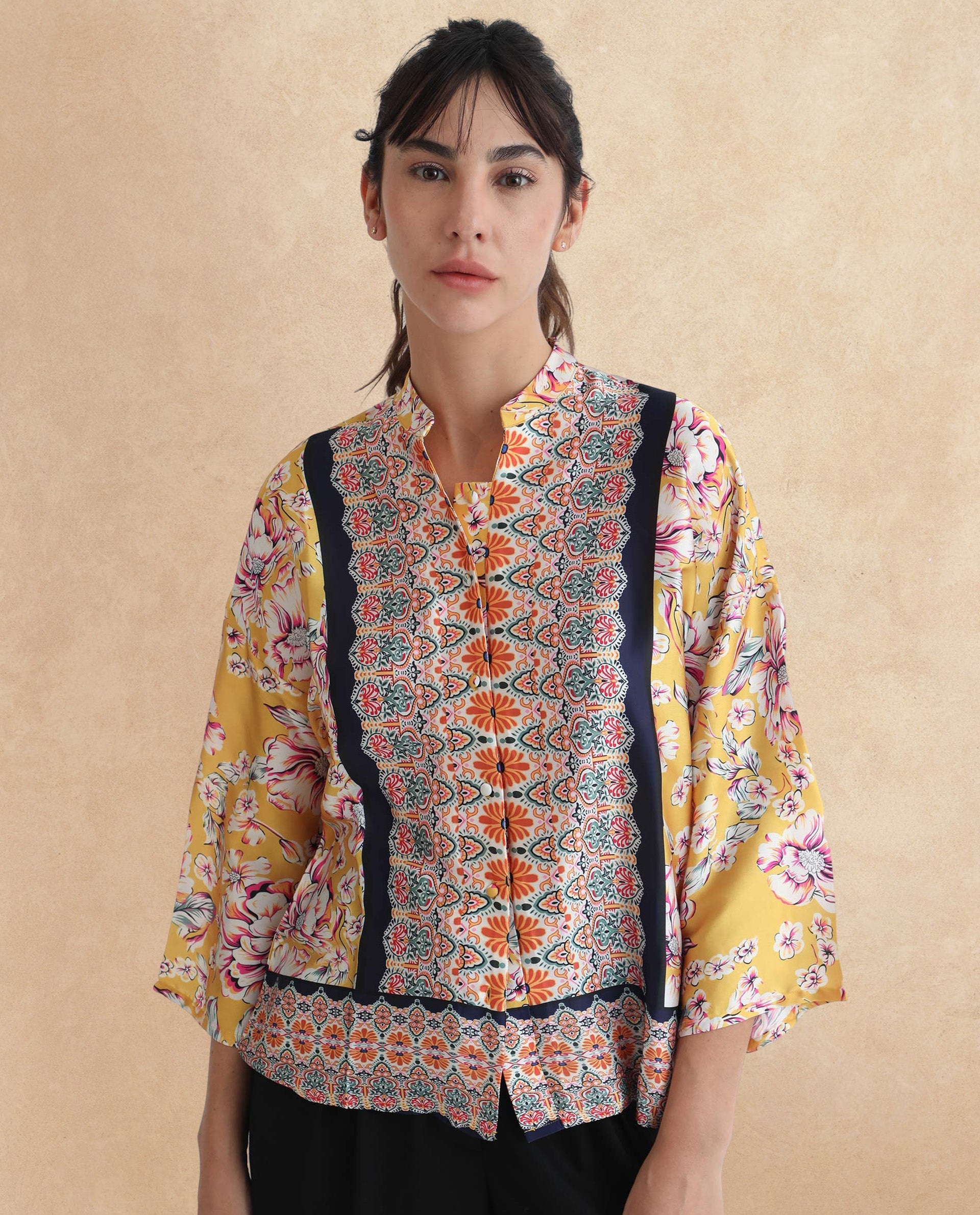 Rareism Women's Falke Yellow Polyester Mandarin Collar Floral Print Kimono Sleeve Regular Fit Top