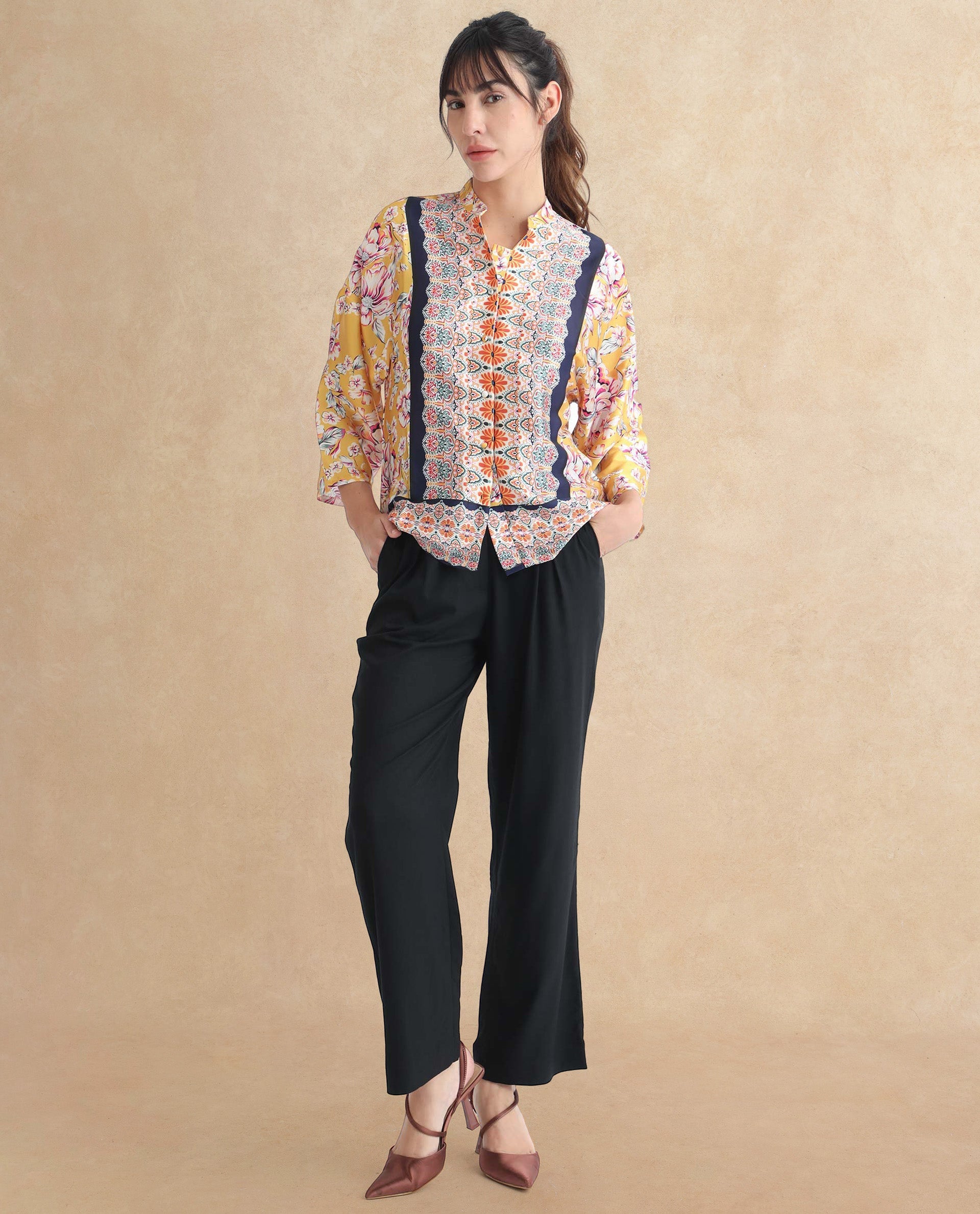 Rareism Women Falke Yellow Polyester Fabric 3/4Th Sleeves Button Closure Mandarin Collar Kimono Sleeve Regular Fit Floral Print Knee Top