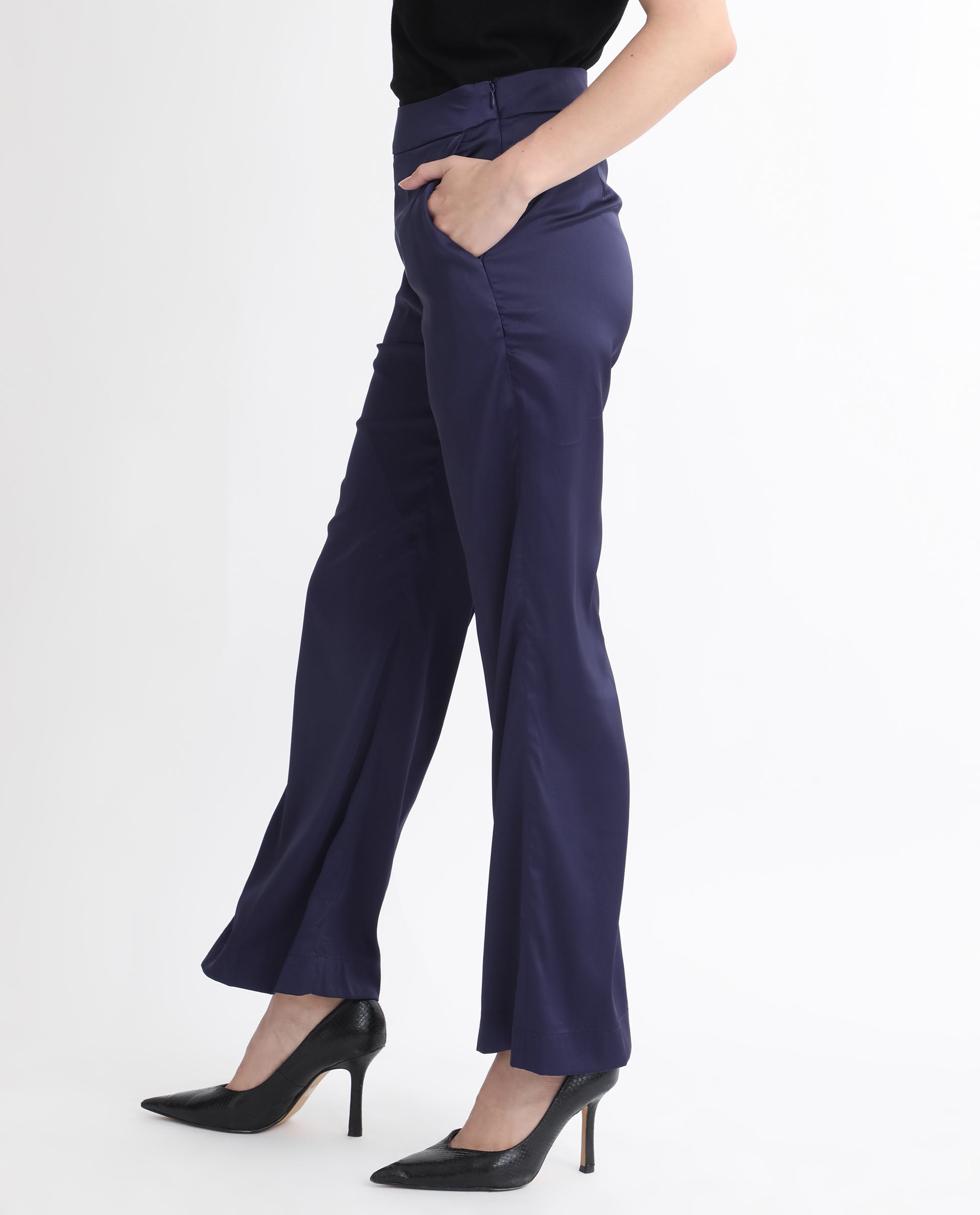 Rareism Women Falket Dark Blue Polyester Fabric Relaxed Fit Plain Ankle Length Trousers