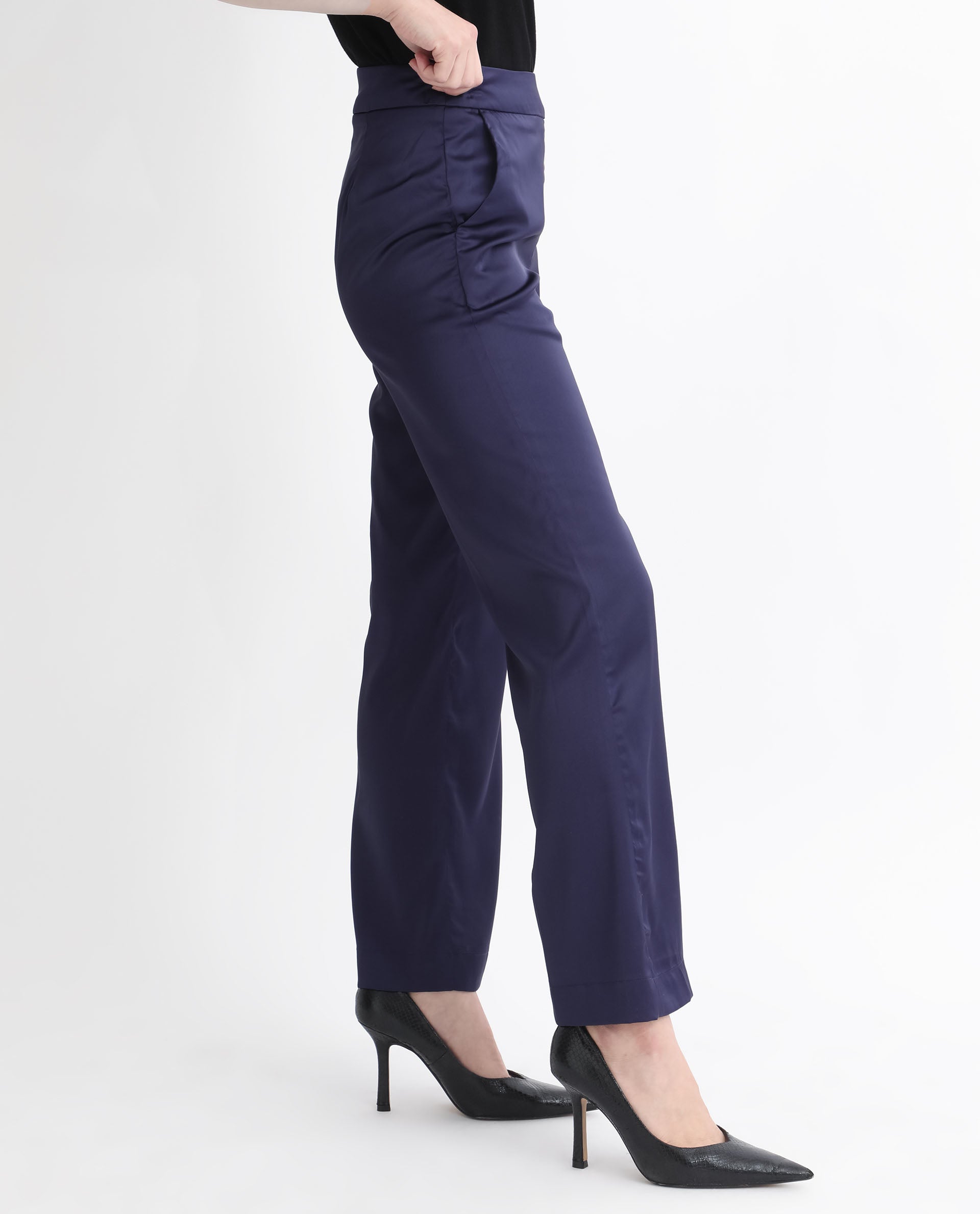Rareism Women Falket Dark Blue Polyester Fabric Relaxed Fit Plain Ankle Length Trousers
