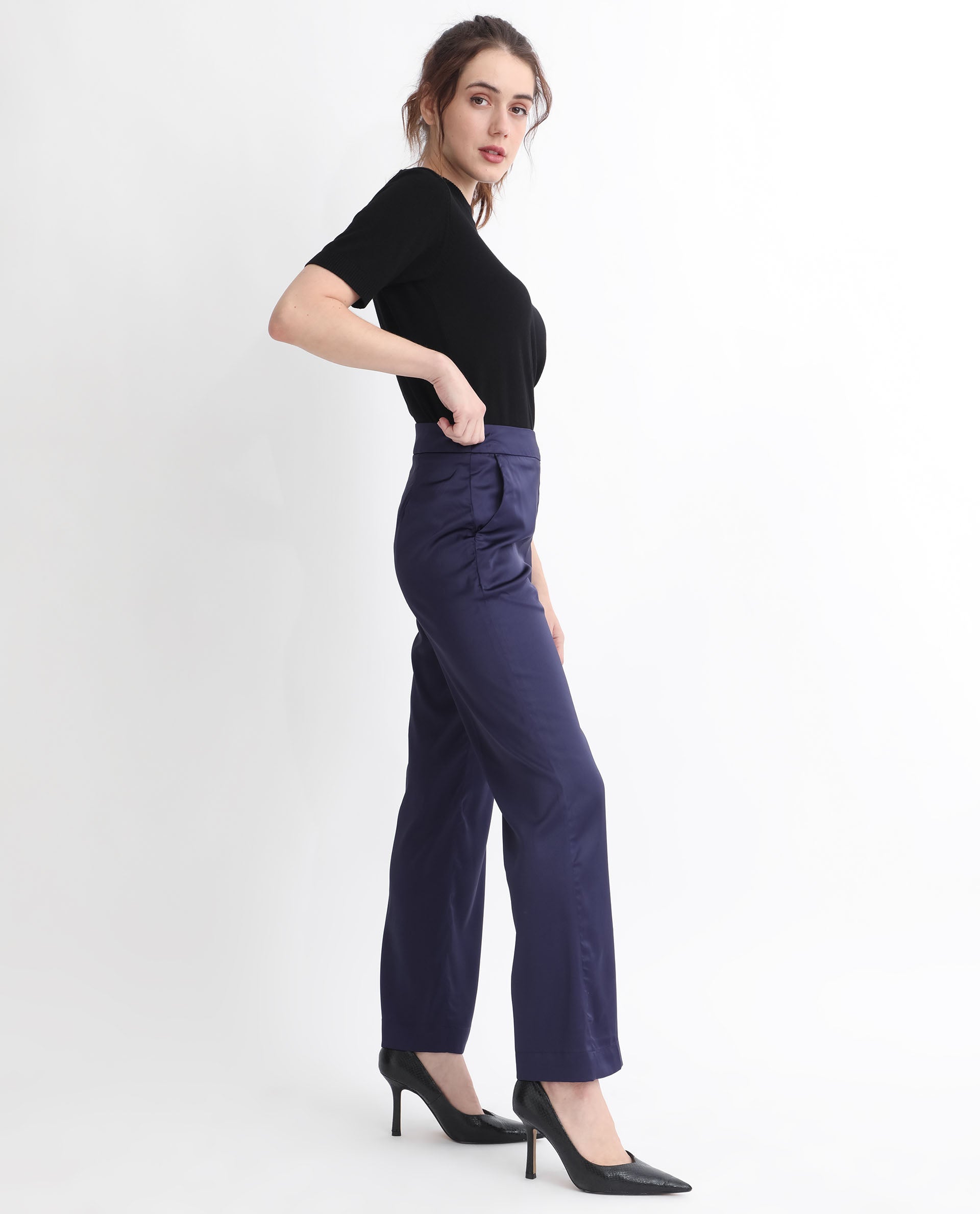 Rareism Women Falket Dark Blue Polyester Fabric Relaxed Fit Plain Ankle Length Trousers