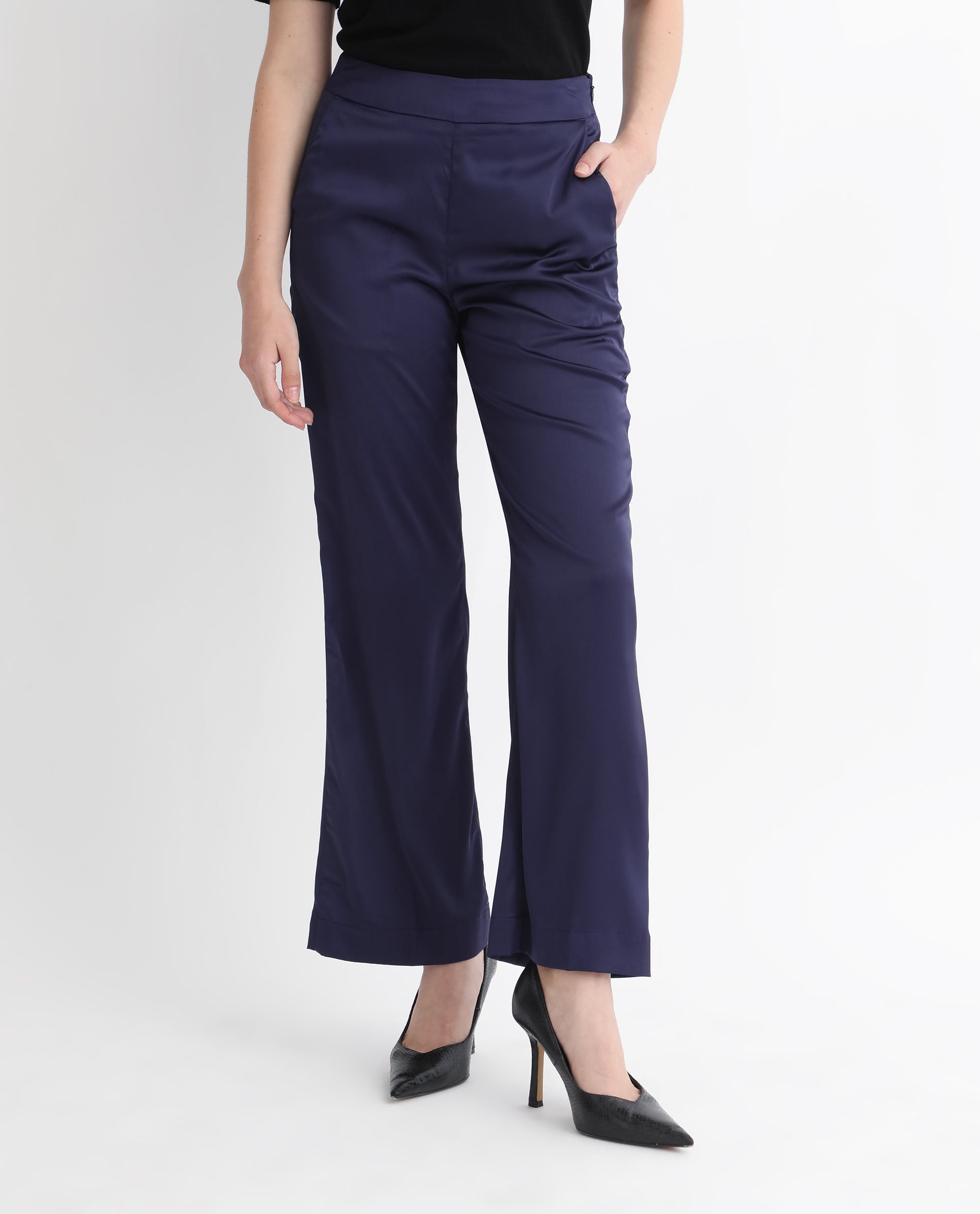 Rareism Women Falket Dark Blue Polyester Fabric Relaxed Fit Plain Ankle Length Trousers
