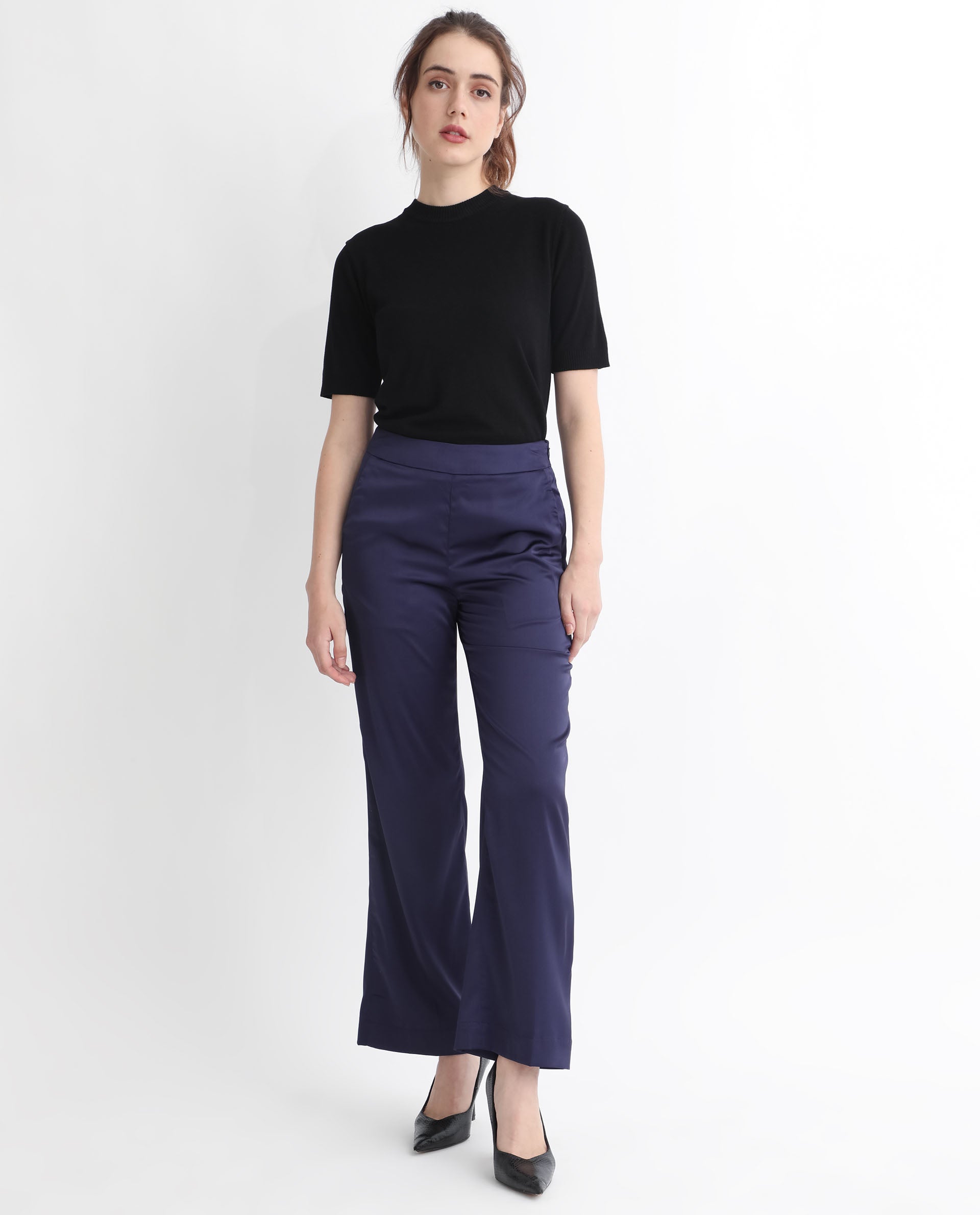 Rareism Women Falket Dark Blue Polyester Fabric Relaxed Fit Plain Ankle Length Trousers