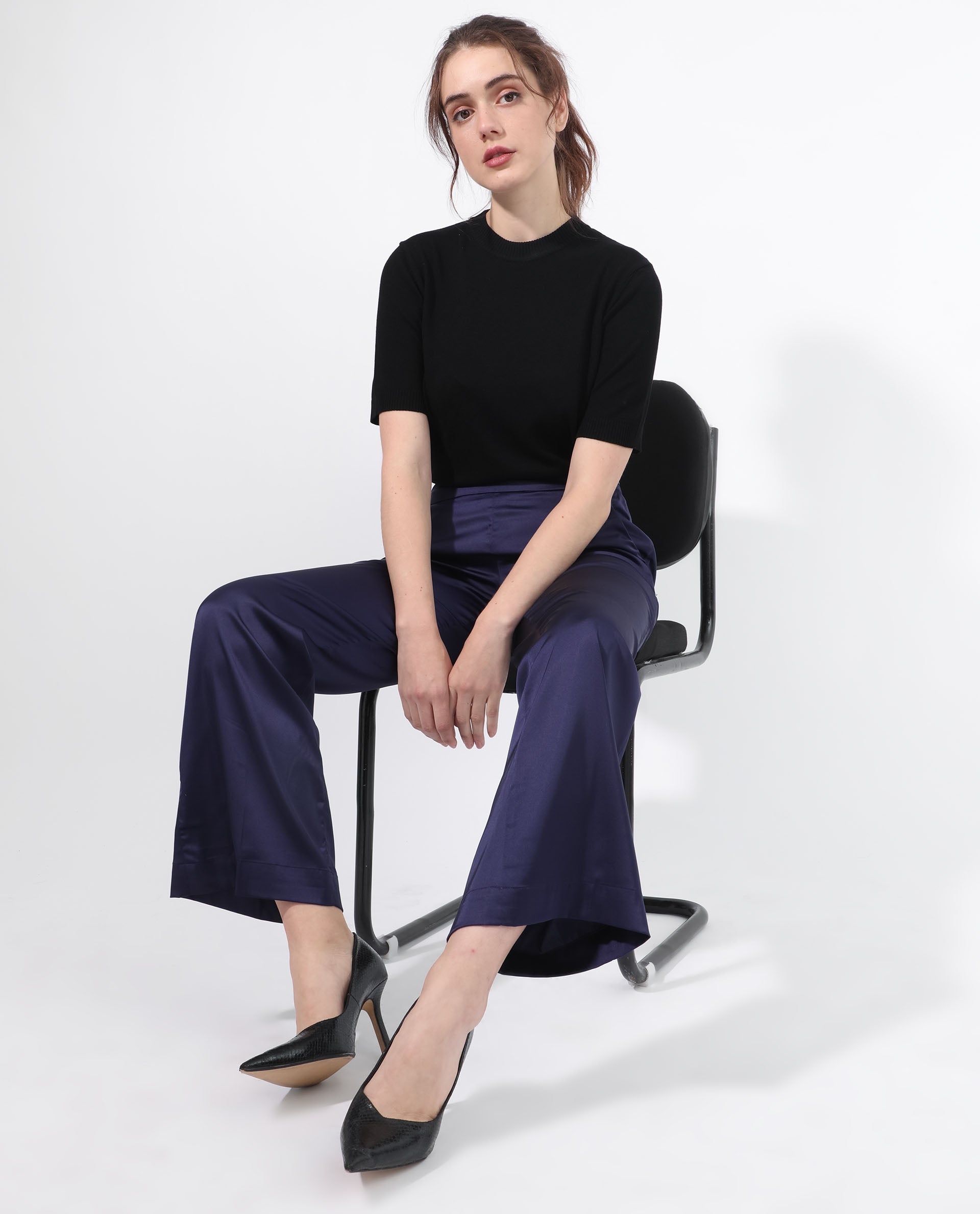 Rareism Women Falket Dark Blue Polyester Fabric Relaxed Fit Plain Ankle Length Trousers
